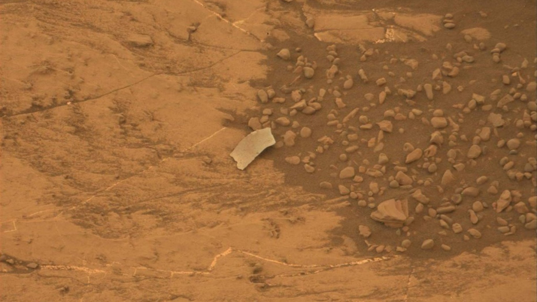 NASA's Mars rover Curiosity photographed this odd object on Aug. 13, 2018. Mission team members initially thought it might be a piece of the rover, but Curiosity's observations revealed it to be a rock flake.