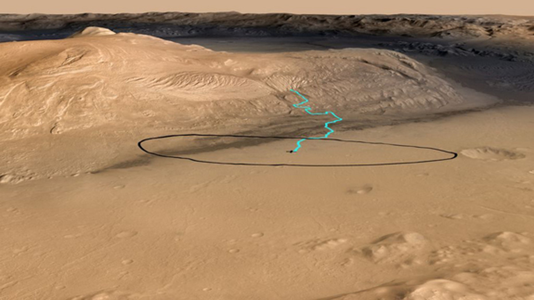 This NASA graphic released before the Mars rover Curiosity's Aug. 5, 2012, landing shows one possible route up the nearby Mount Sharp inside Gale Crater.The blue line indicates the potential driving route to geological destinations identified f