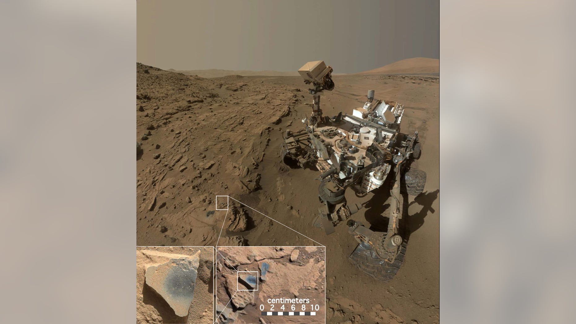 This photo shows NASA's Mars rover Curiosity at a location called "Windjana," where the rover found rocks containing manganese-oxide minerals, which require abundant water and strongly oxidizing conditions