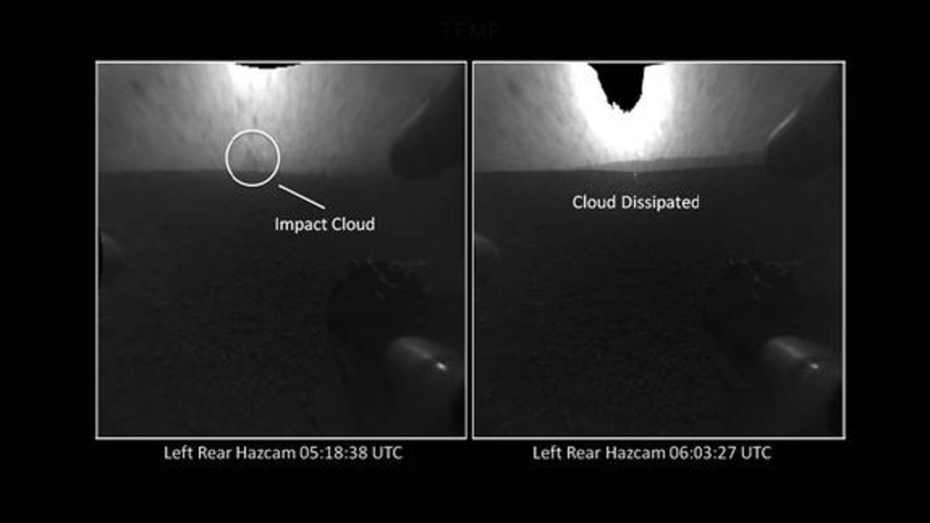 The distant blob seen in the view on left, taken by a Hazard-Avoidance camera on NASA's Curiosity rover is likely the impact cloud from the rover's descent stage after landing on Aug. 5 PDT, 2012. The cloud disappears in later photos.