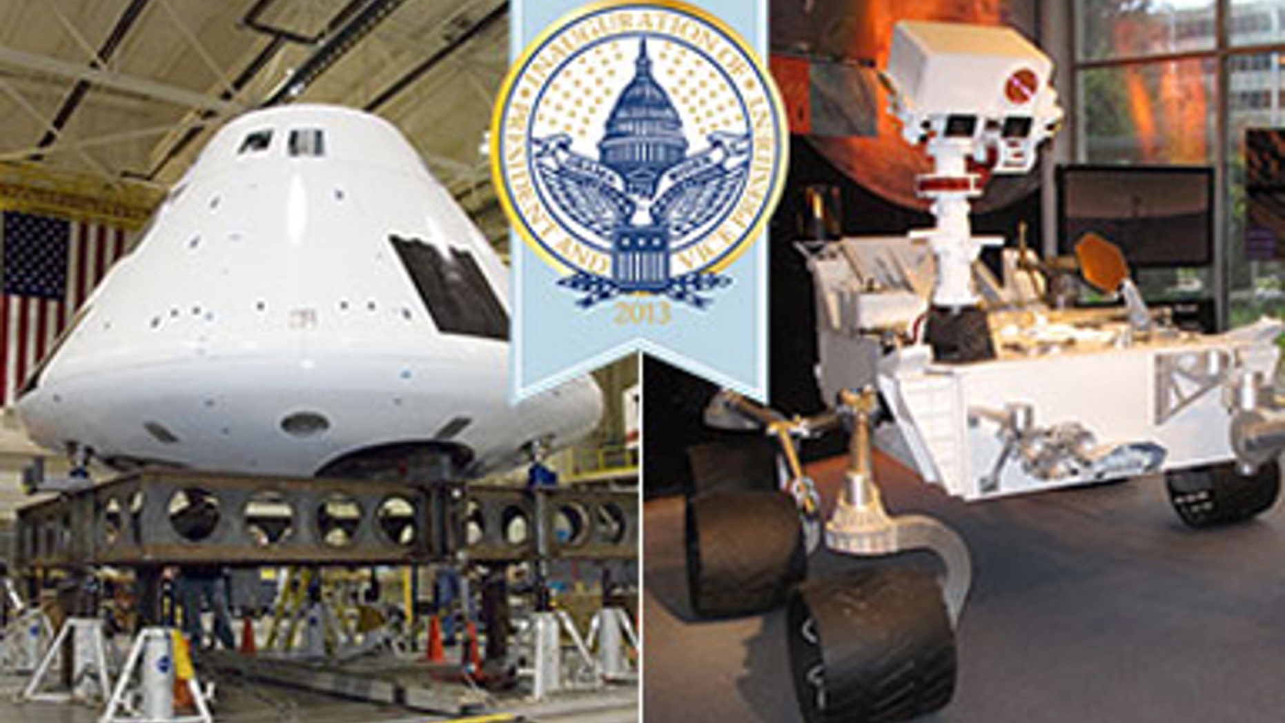 Full-sized models of the Orion spacecraft and the Mars Curiosity Rover will be on display during the inaugural parade (Jan. 21).