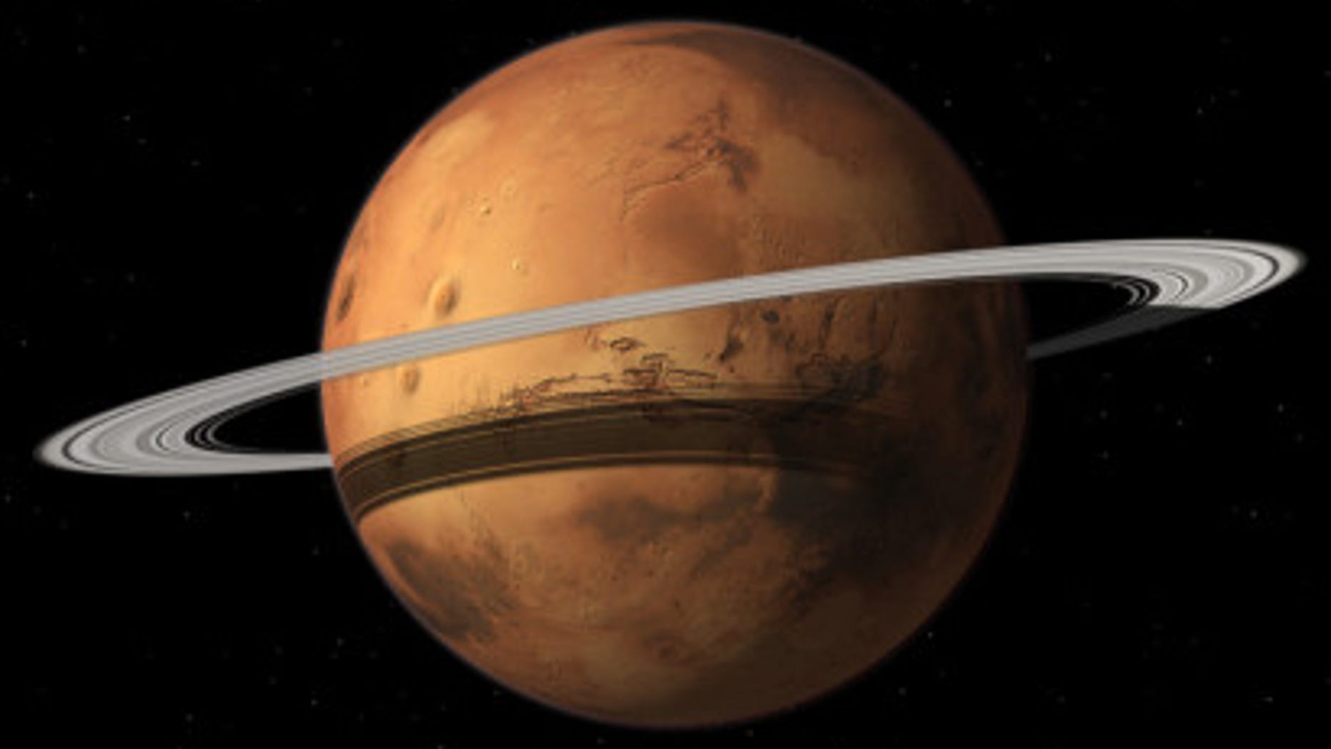 Mars could gain a ring in 10-20 million years when its moon Phobos is torn to shreds by Mars gravity. Image by Tushar Mittal using Celestia 2001-2010, Celestia Development Team.