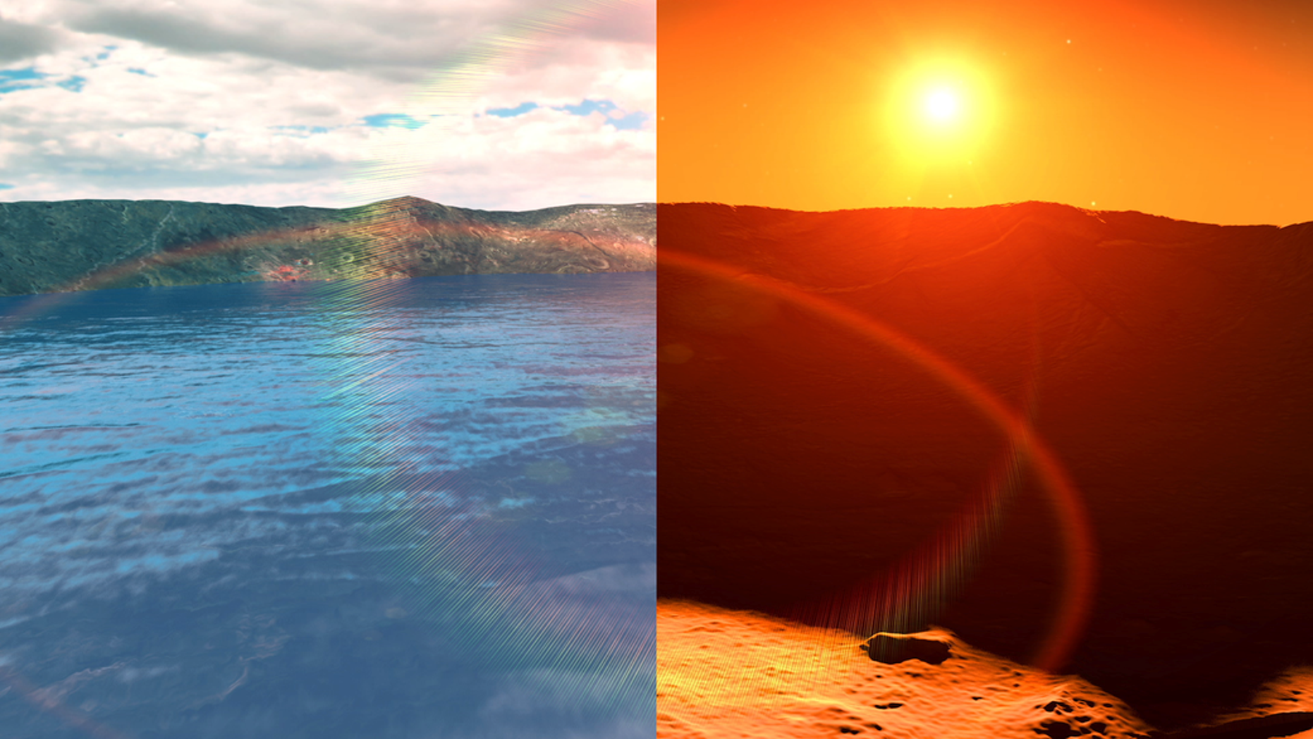 This contrasting artistic image of an early Martian environment with a thicker atmosphere (left) and the cold, dry Mars of today (right) shows how atmospheric changes affect a planet's ability to hold life.