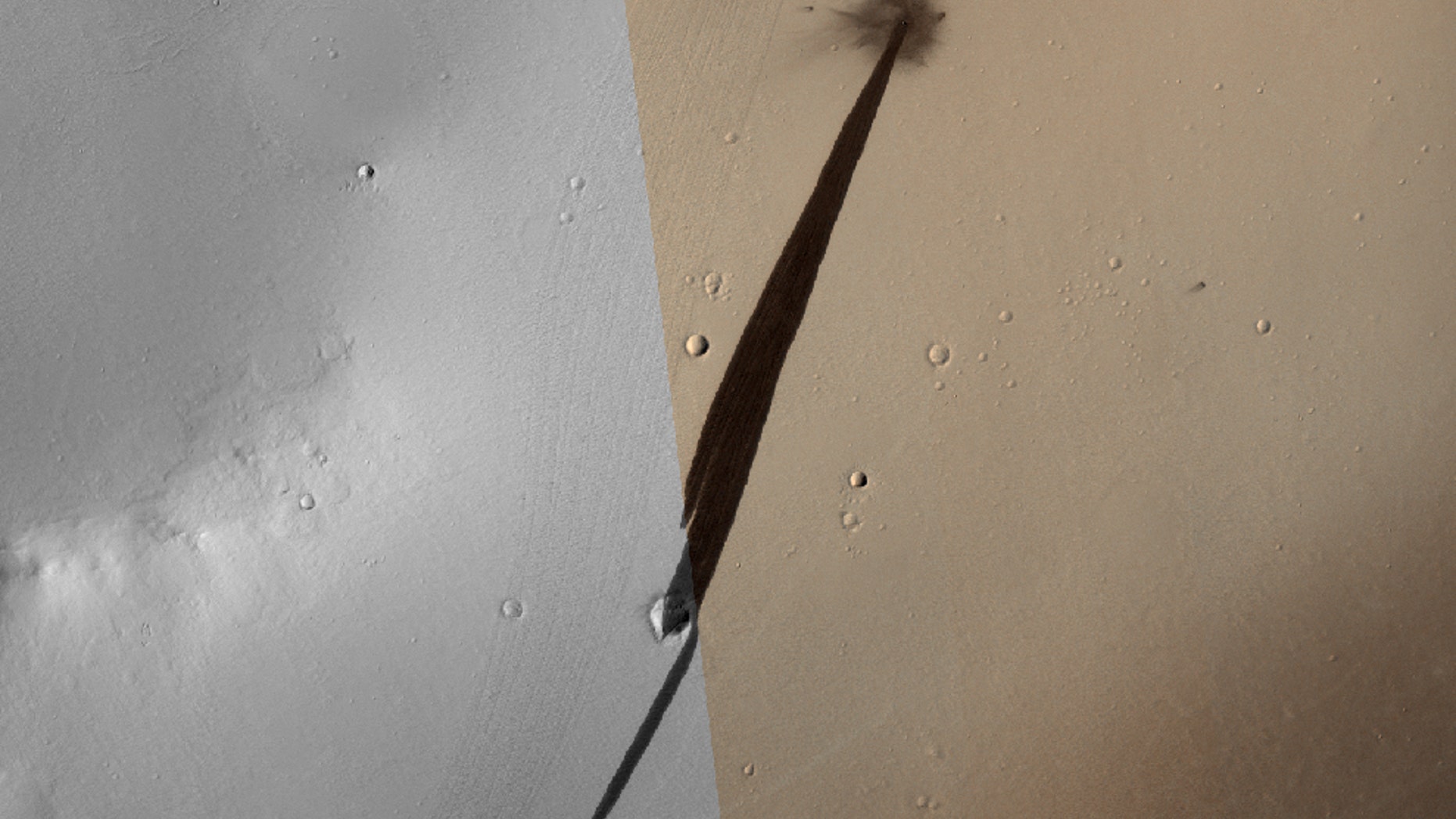 This small meteoroid impact on Mars within the last 10 years created this crater seen by NASA's Mars Reconnaissance Orbiter. The long, dark trail streaking down a slope to the lower left was caused by an avalanche triggered by the impact. NASA released this image on June 15, 2018.