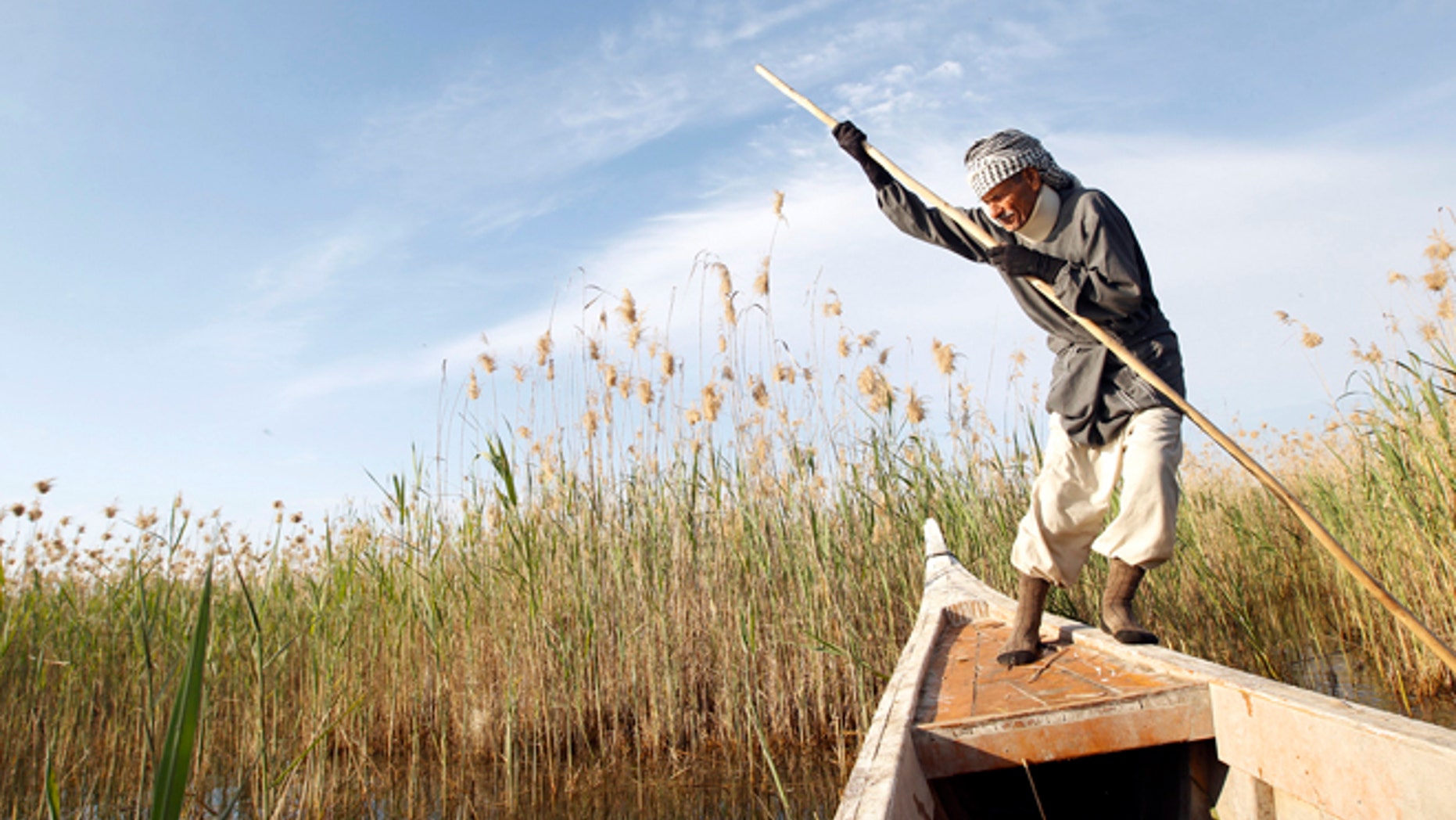 Marsh Arab Abu Sabah paddles his boat at the Chebayesh marsh in Nassiriya, 300 km (185 miles) southeast of Baghdad.