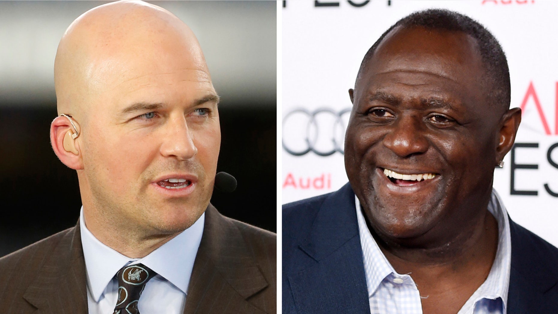 Left: Matt Hasselbeck talks during ESPN's Monday Night Countdown. Right: Two-time Super Bowl champion Leonard Marshall smiles at a screening of the film "Concussion."