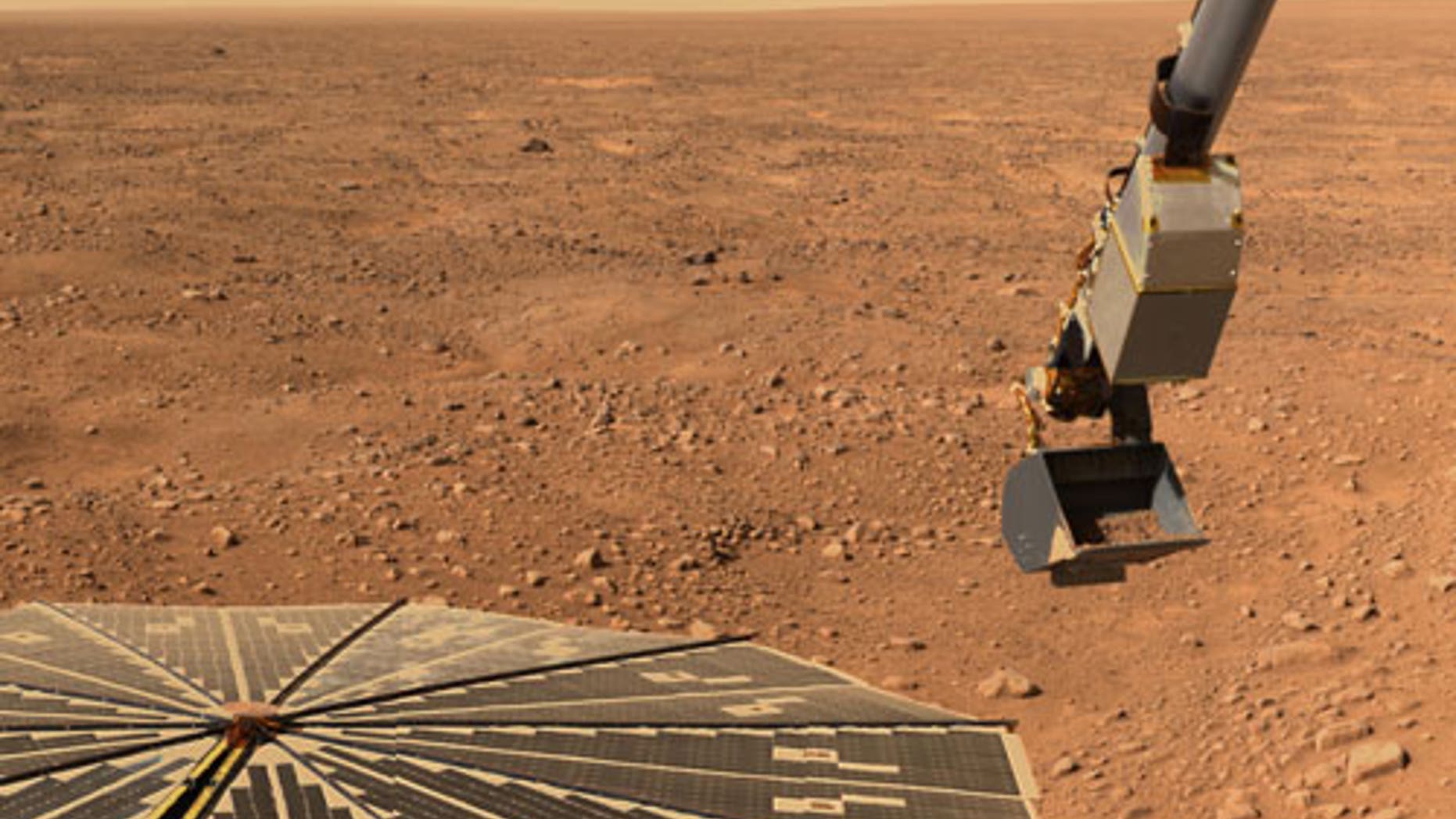 This image shows NASA’s Phoenix Mars Lander’s solar panel and the lander’s Robotic Arm with a sample in the scoop on June 10, 2008. The image was taken just before the sample was delivered to the Optical Microscope. This view is a part of the "mission success" panorama that will show the whole landing site in color.