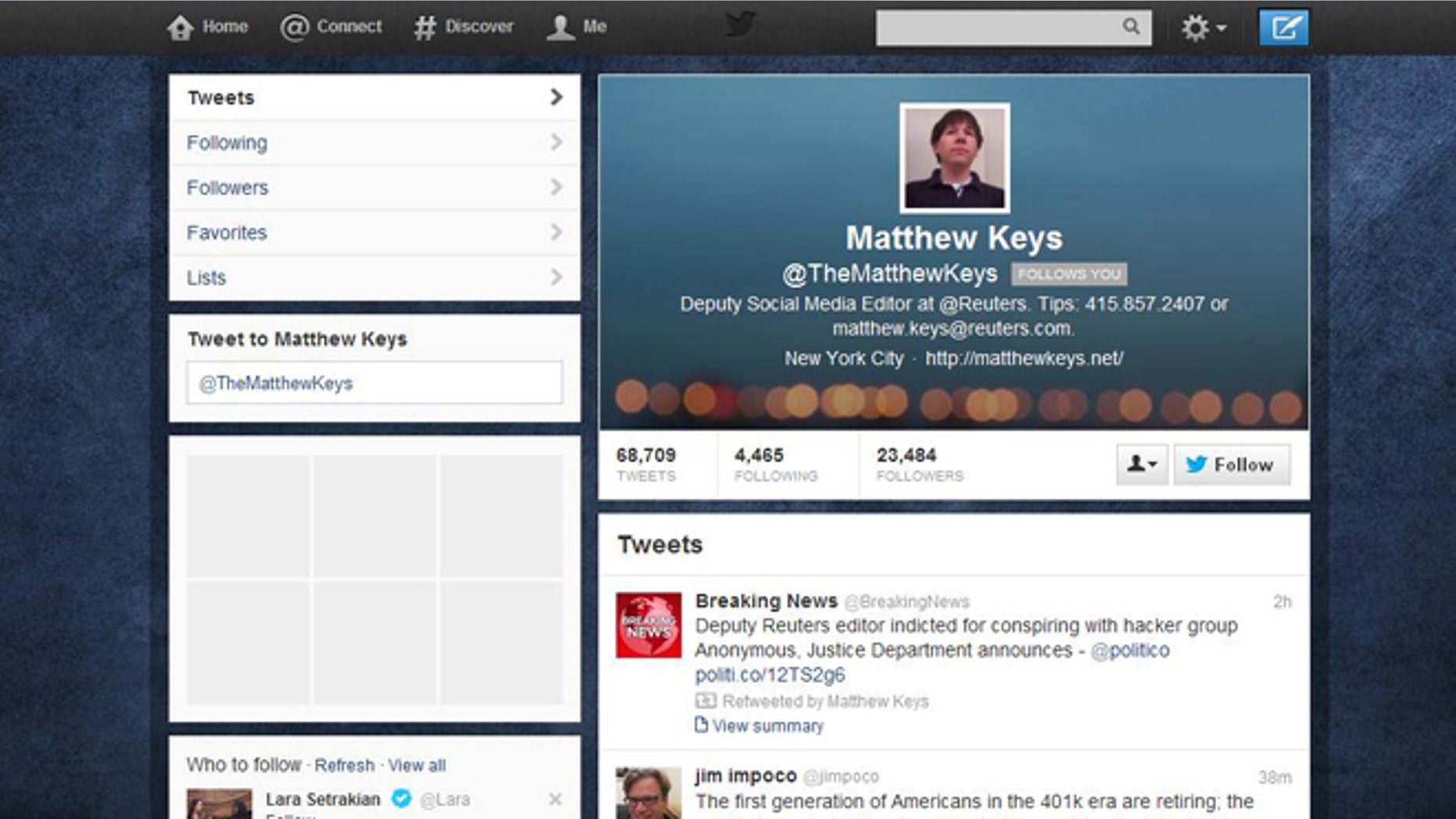 This screengrab taken on March 14, 2013 shows the Twitter account of Matthew Keys. At the top of the page is a retweet of a story detailing Keys' indictment.