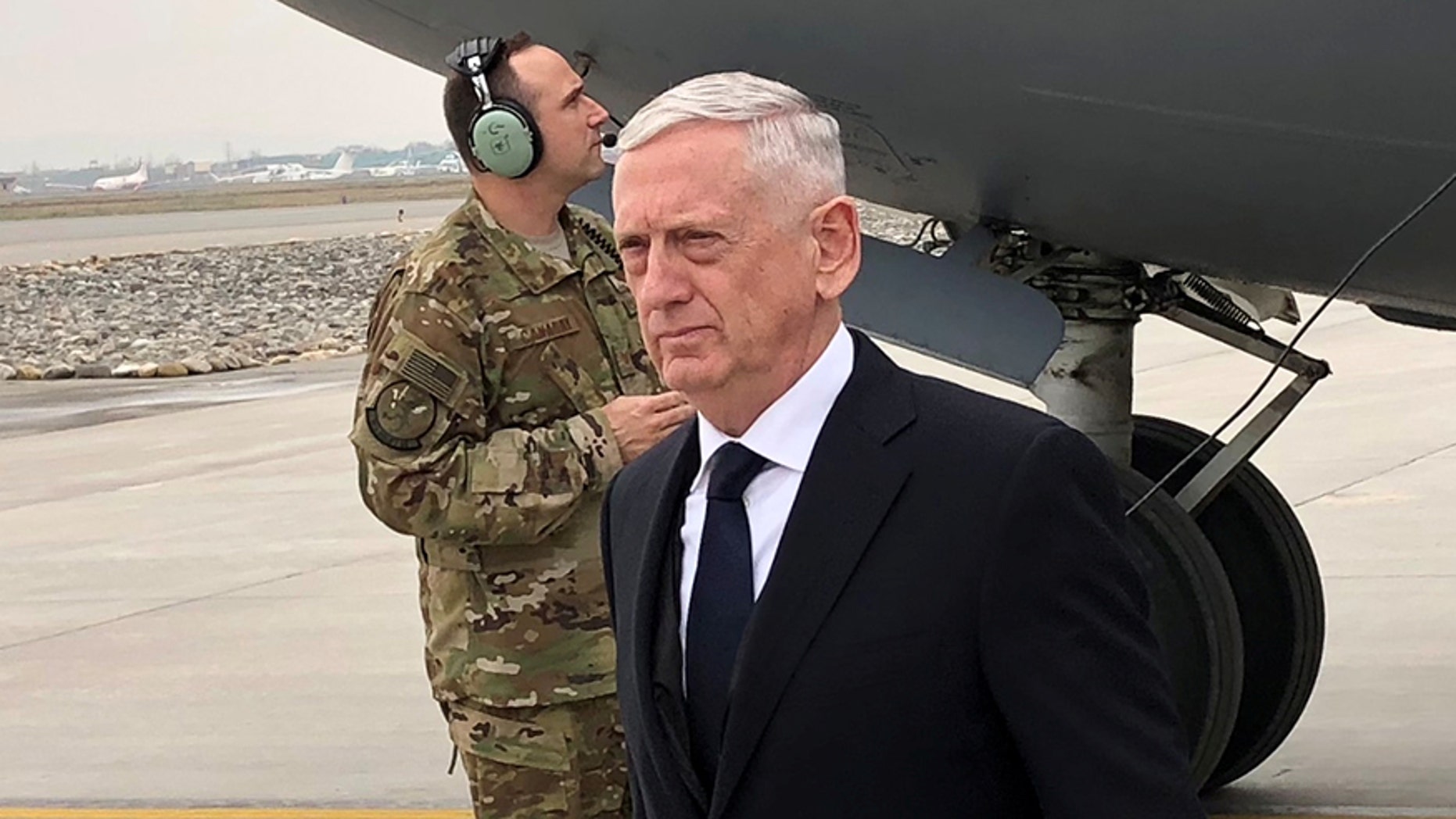 U.S. Defense Secretary Jim Mattis lands in Kabul on March 13, 2018 on an unannounced trip to Afghanistan.