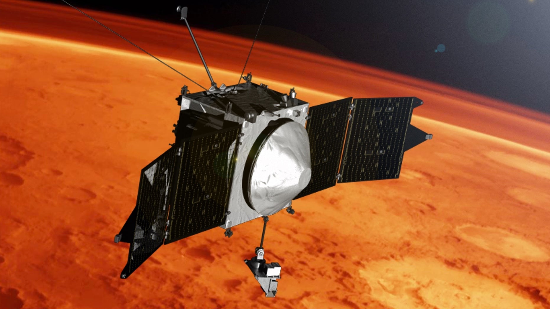 Artist's illustration of NASA's MAVEN spacecraft orbiting Mars.