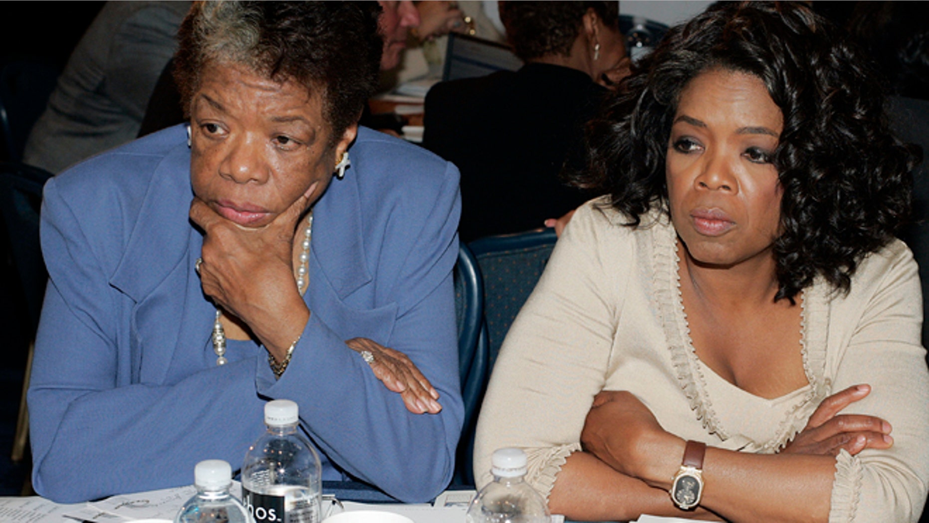 Sept. 16, 2005: Poet Maya Angelou, left, sits with television talk show host Oprah Winfrey during the Clinton Global Initiative summit in New York.