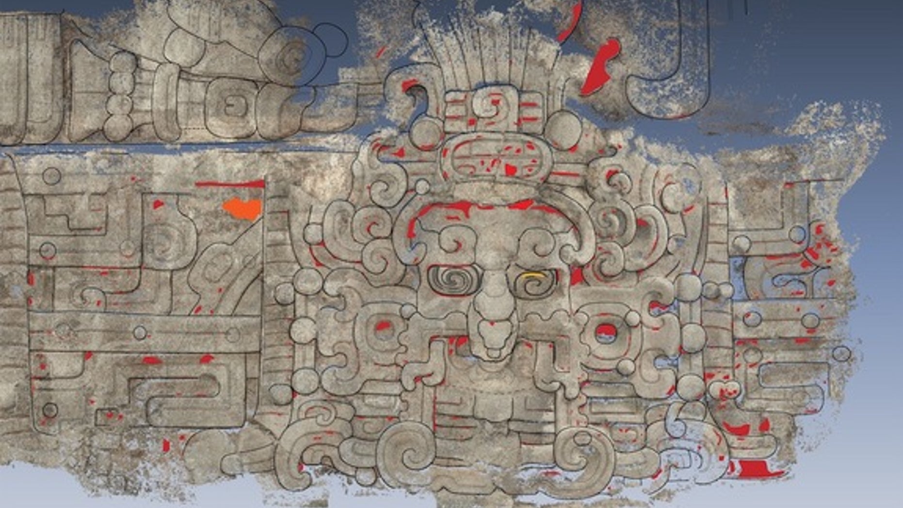 A tracing of an artistic representation of the Maya sun god found on the north side of the Diablo Pyramid at El Zotz, an archaeological site in Guatemala.
