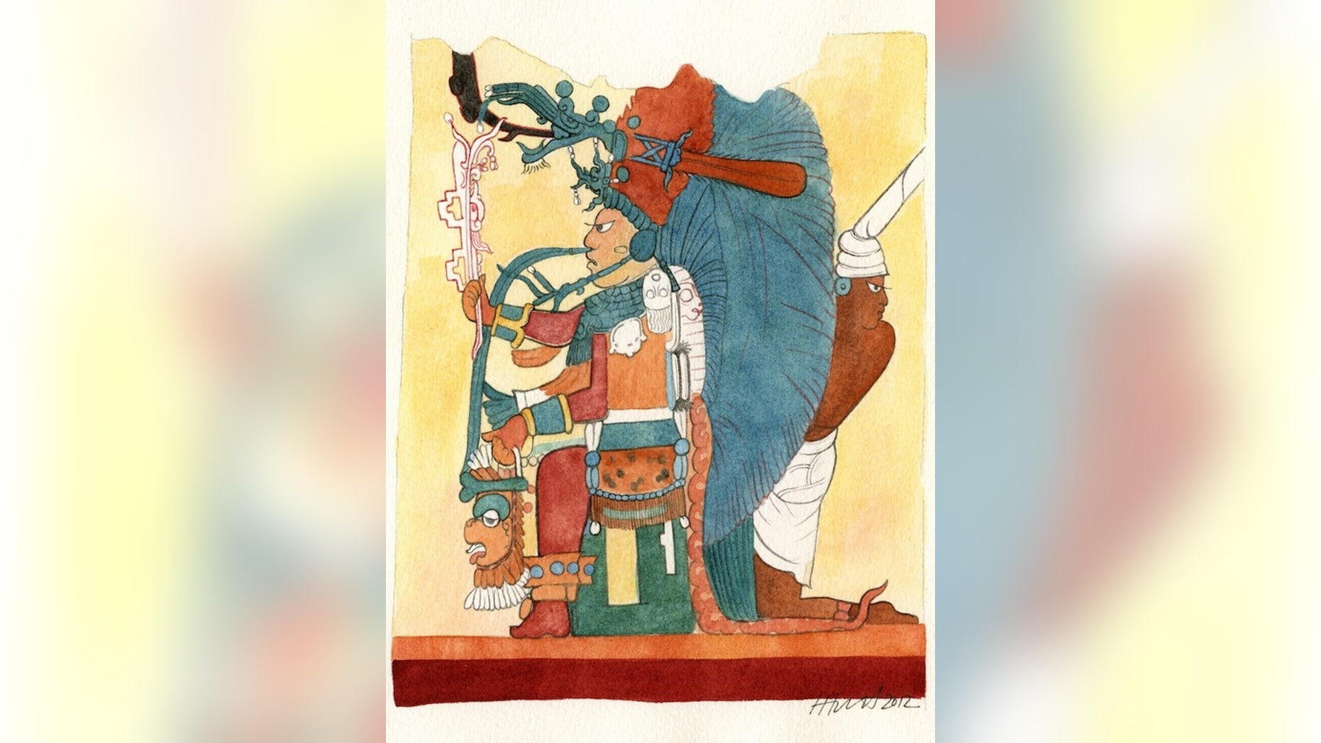 A Maya king, seated and wearing an elaborate head dress of blue feathers, adorns the north wall of the ruined house discovered at the Maya site of Xultún. An attendant, at right, leans out from behind the king’s head dress. The painting by arti