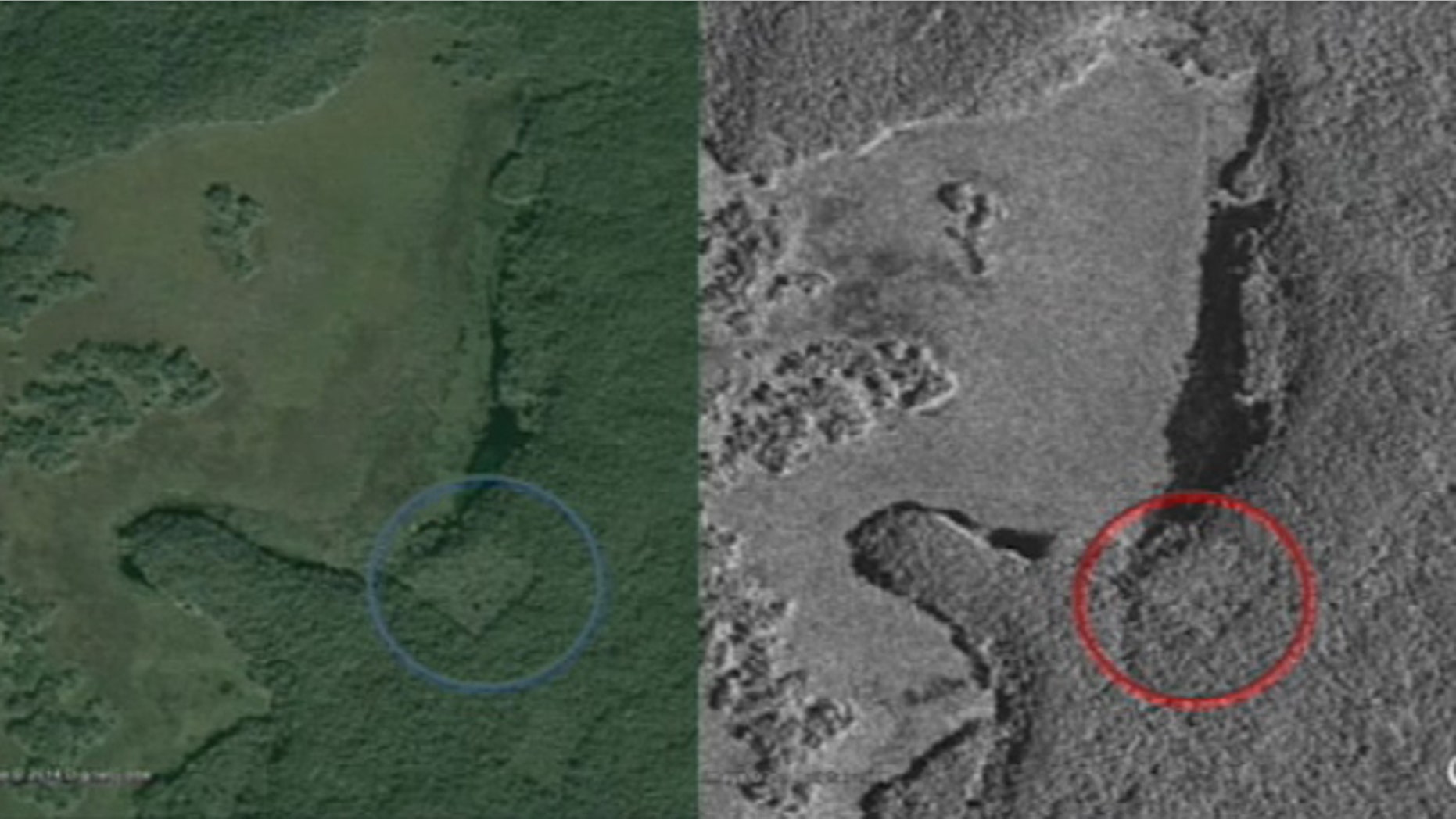 These undated images show possible man-made structures in Mexico's Yucatan Peninsula that may be a lost Mayan city