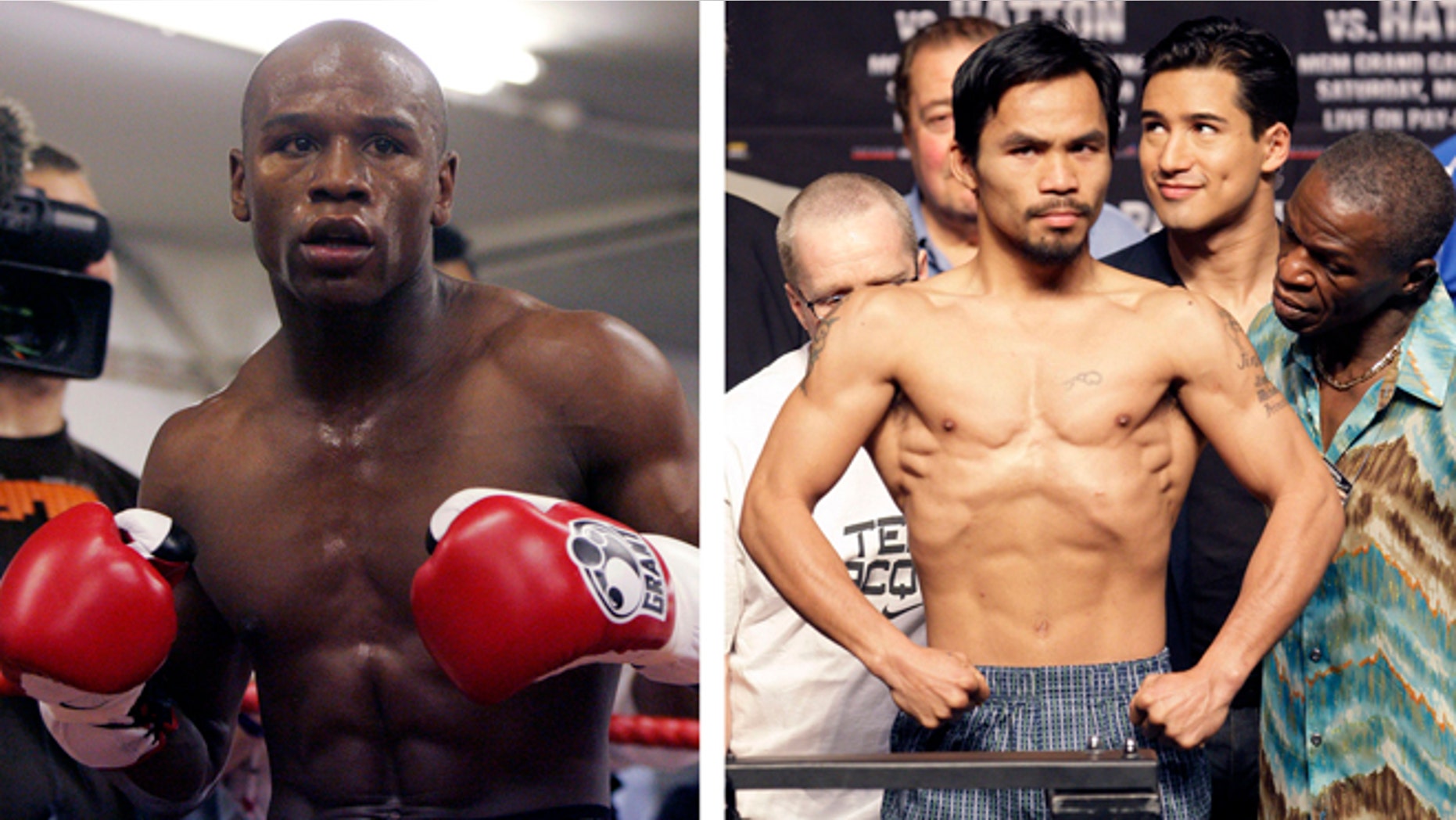 FILE - In this combination of file photos, Floyd Mayweather Jr., left, prepares to spar at a gym in east London on May 22, 2009, and Manny Pacquiao, right, of the Philippines, weighs in for the junior welterweight boxing match against British boxer Ricky Hatton, May 1, 2009, in Las Vegas.