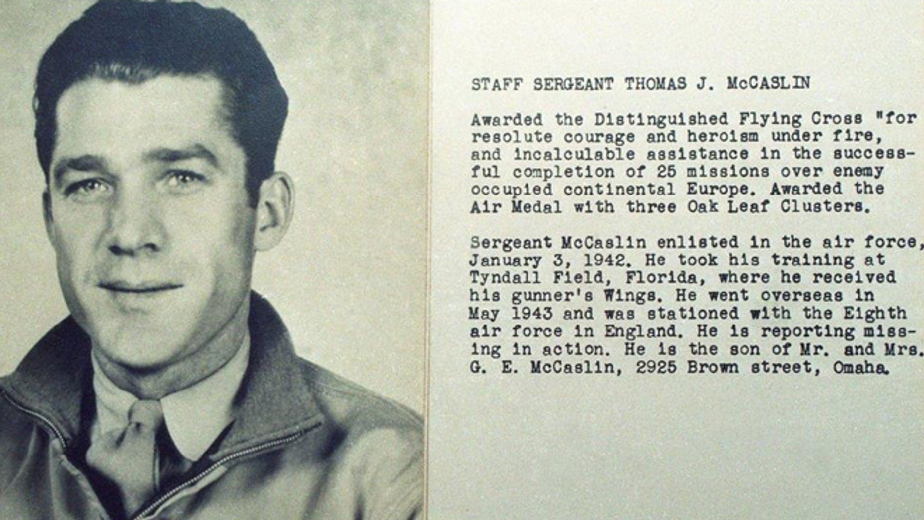 B-26 tail gunner Tom McCaslin, killed in June 22, 1944, crash near Caen, France (Omaha World Herald)
