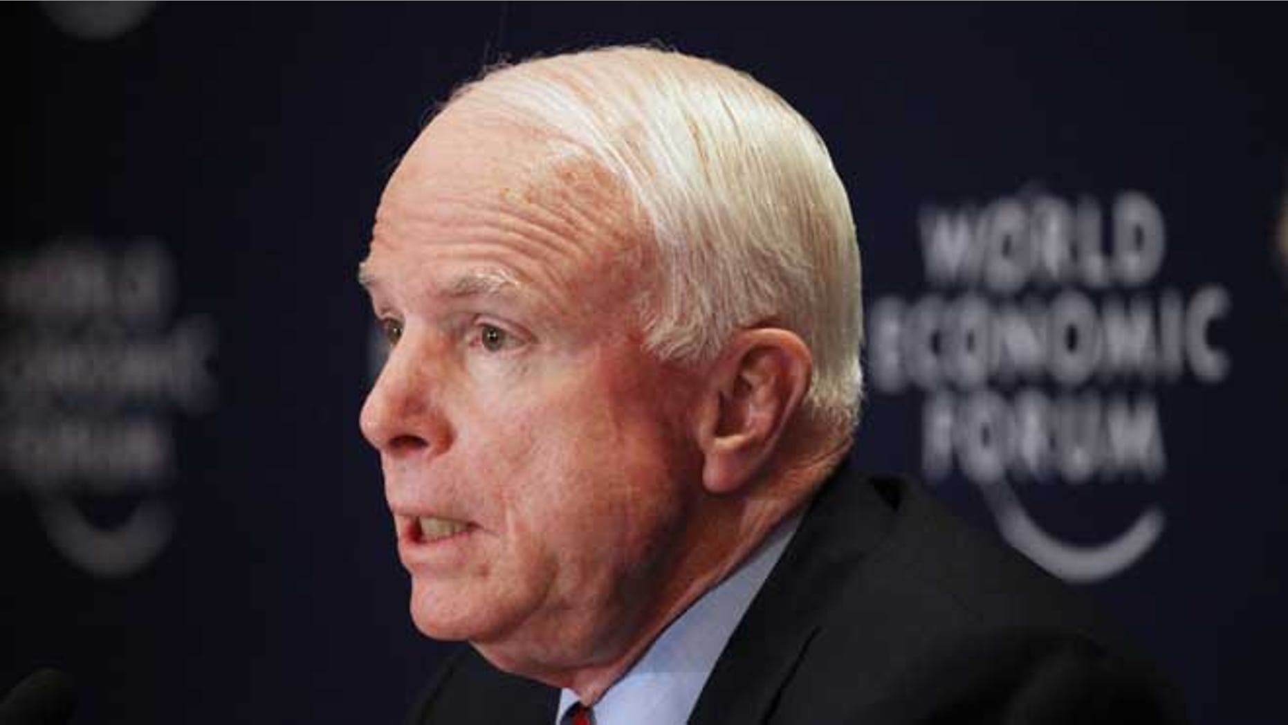 May 25, 2013. Sen. John McCain speaks at a news conference at the World Economic Forum held southeast of Amman, Jordan. McCain has quietly slipped into Syria for a meeting with Syrian rebels, spokeswoman Rachael Dean confirmed Monday, May 27, 2013.