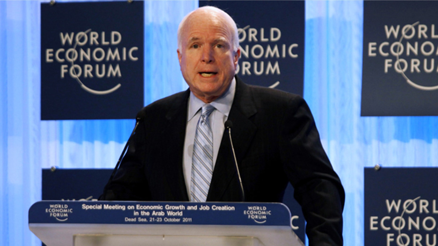 Oct. 23, 2011: U.S. Sen. John McCain speaks during the World Economic Forum meeting in the King Hussein Bin Talal convention center at the Dead Sea, 34 miles southeast of Amman, Jordan.