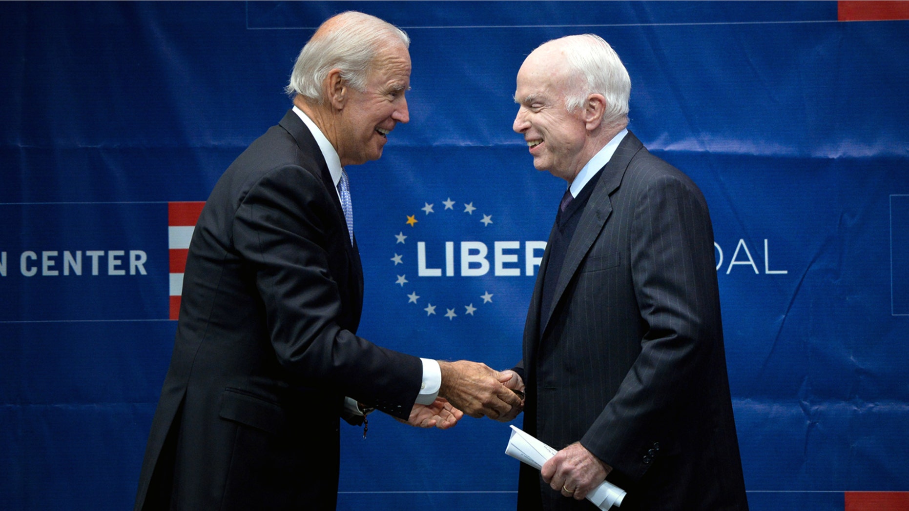 Sen. John McCain, R-Ariz., is awarded the 2017 Liberty Medal by former Vice President Joe Biden at Independence Hall in Philadelphia this past October.