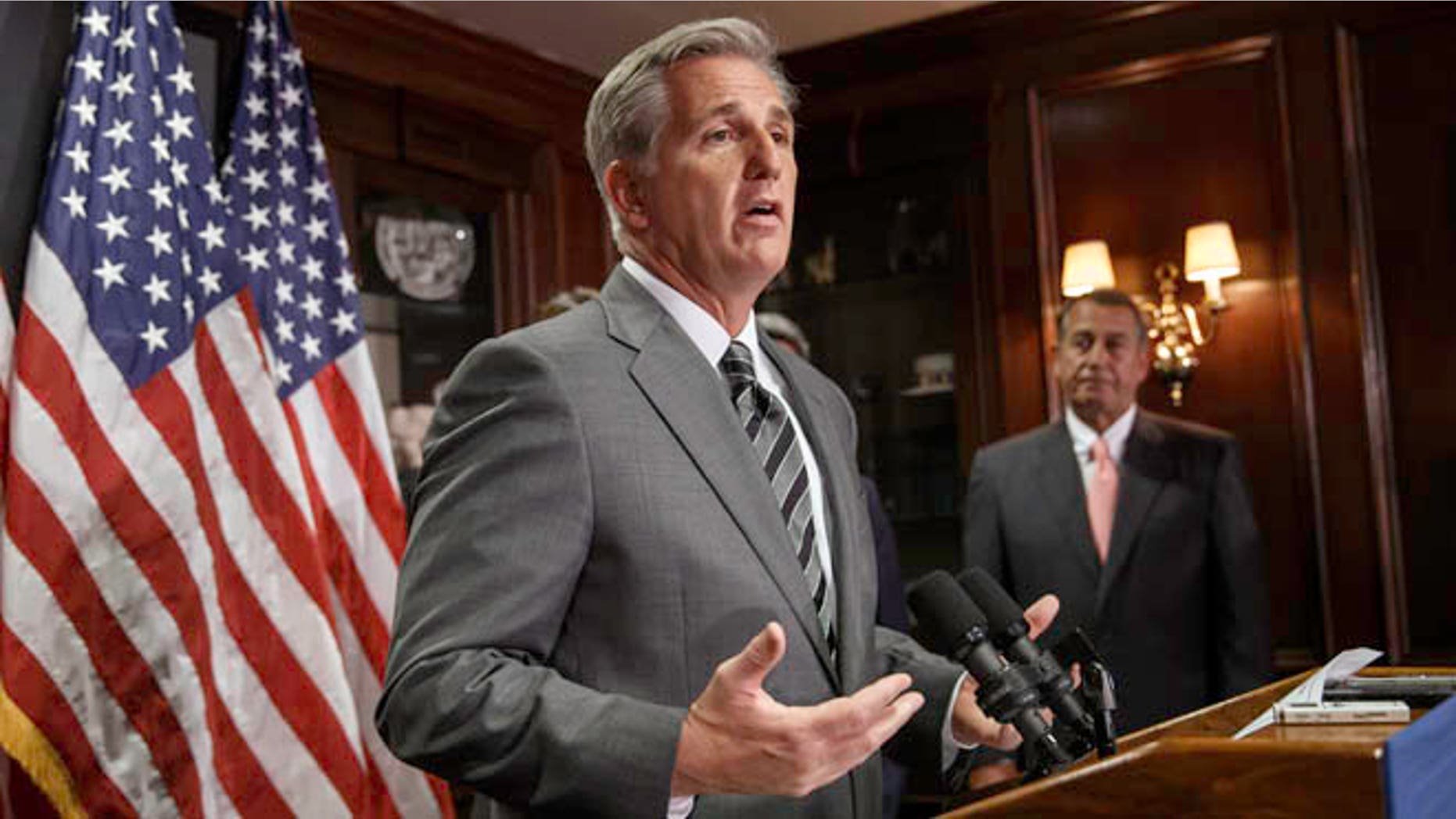 June 24, 2014: Incoming House Majority Leader Kevin McCarthy, joined at right by House Speaker John Boehner, meets with reporters on Capitol Hill.