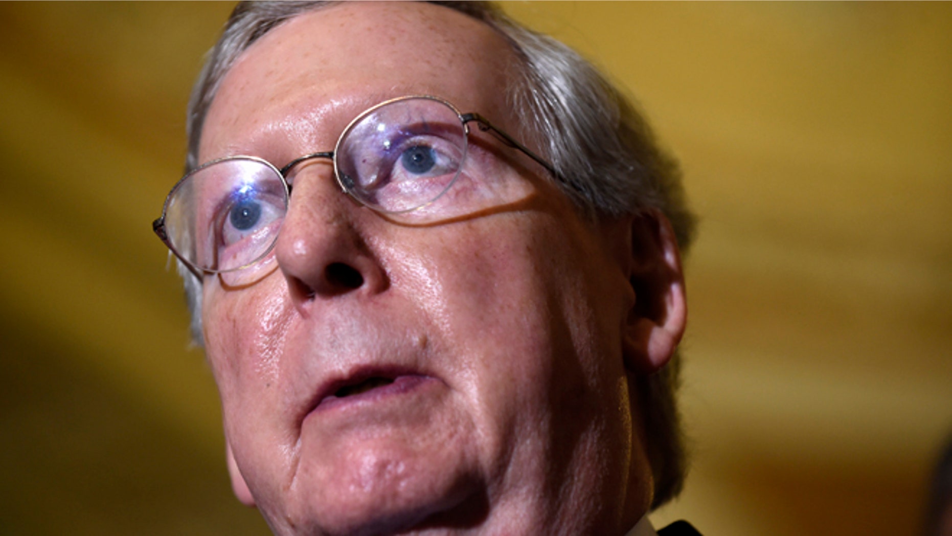 June 16, 2015: Senate Majority Leader Mitch McConnell, R-Ky., speaks to members of the media on Capitol Hill in Washington.