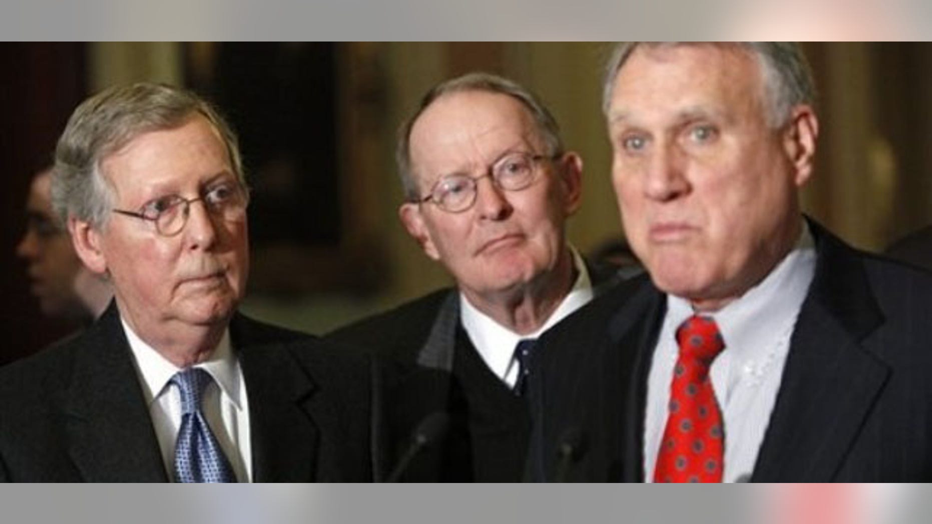 Tuesday: Senate Minority Leader Mitch McConnell of Ky., left, and Sen. Lamar Alexander, R-Tenn., center, listen to Senate Minority Whip Jon Kyl of Ariz., have tried unsuccessfully many different ways to stop the health insurance bill. (AP Photo)