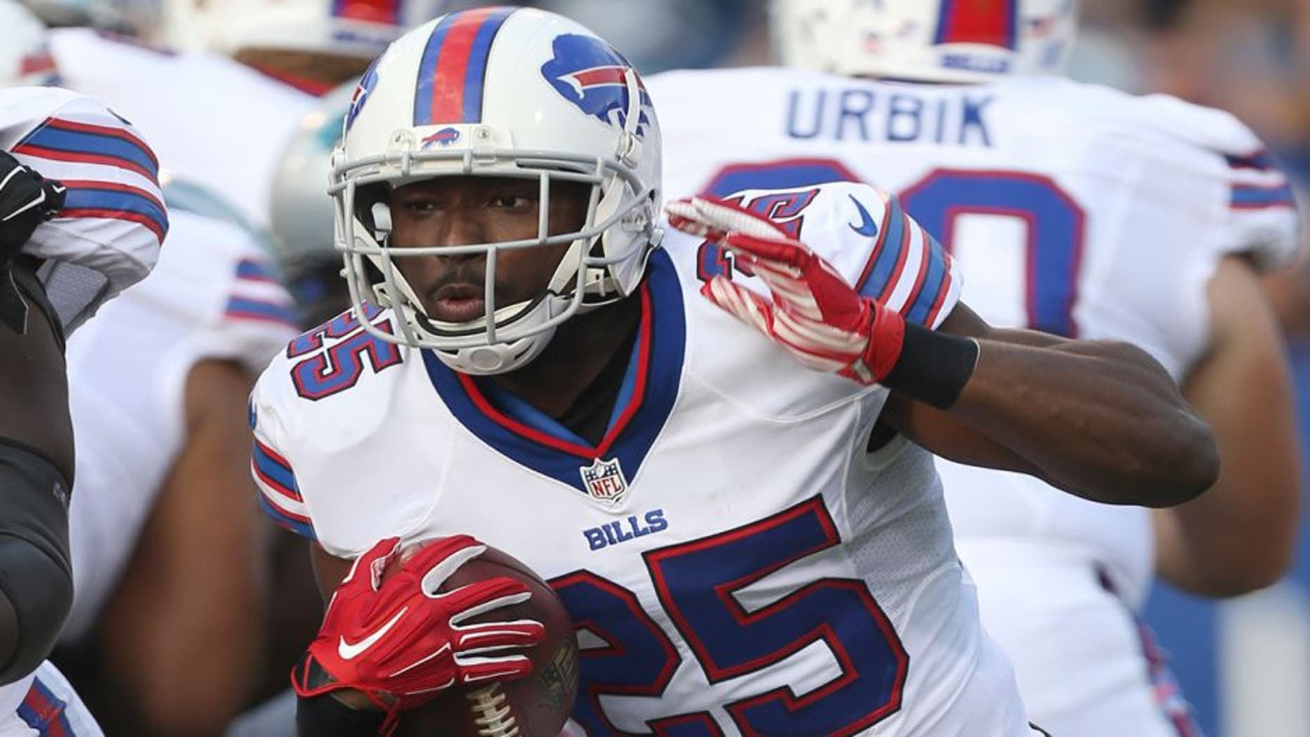 Buffalo Bills running back LeSean McCoy (25) runs with the ball during a preseason NFL football game against the Carolina Panthers, Friday, August 14, 2015 in Orchard Park, NY. The Panthers won the game 25-24. (AP Photo/Paul Jasienski)