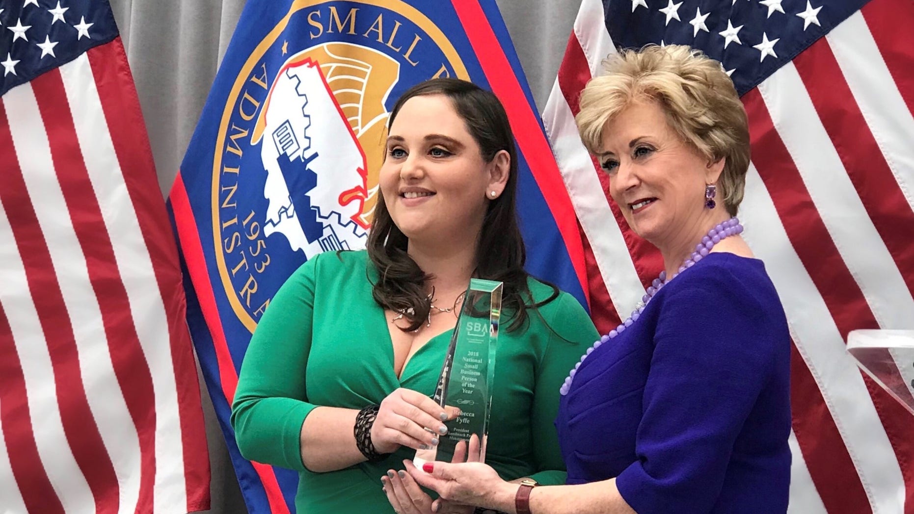 Rebecca Fyffe, owner of Landmark Pest Management in Schaumburg, (left) was named Small Business Person of the Year for 2018 on Monday by Small Business Administration head Linda McMahon.