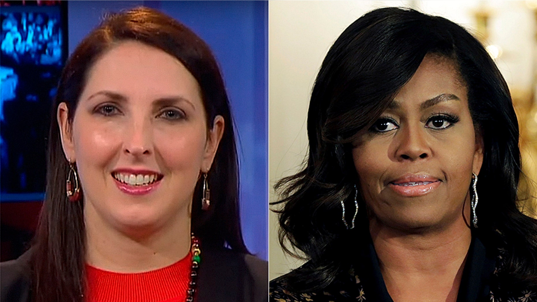 RNC Chairwoman Ronna McDaniel, at left (Fox News), said former first lady Michelle Obama, at right(Reuters), made a 'false accusation' about the GOP.