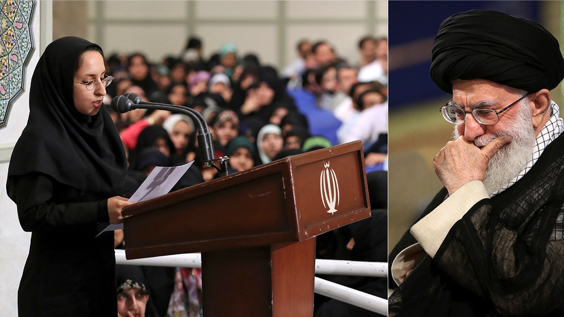 Sahar Mehrabi, left, reads her speech during a meeting with Supreme Leader Ayatollah Khamenei in Tehran, Iran.