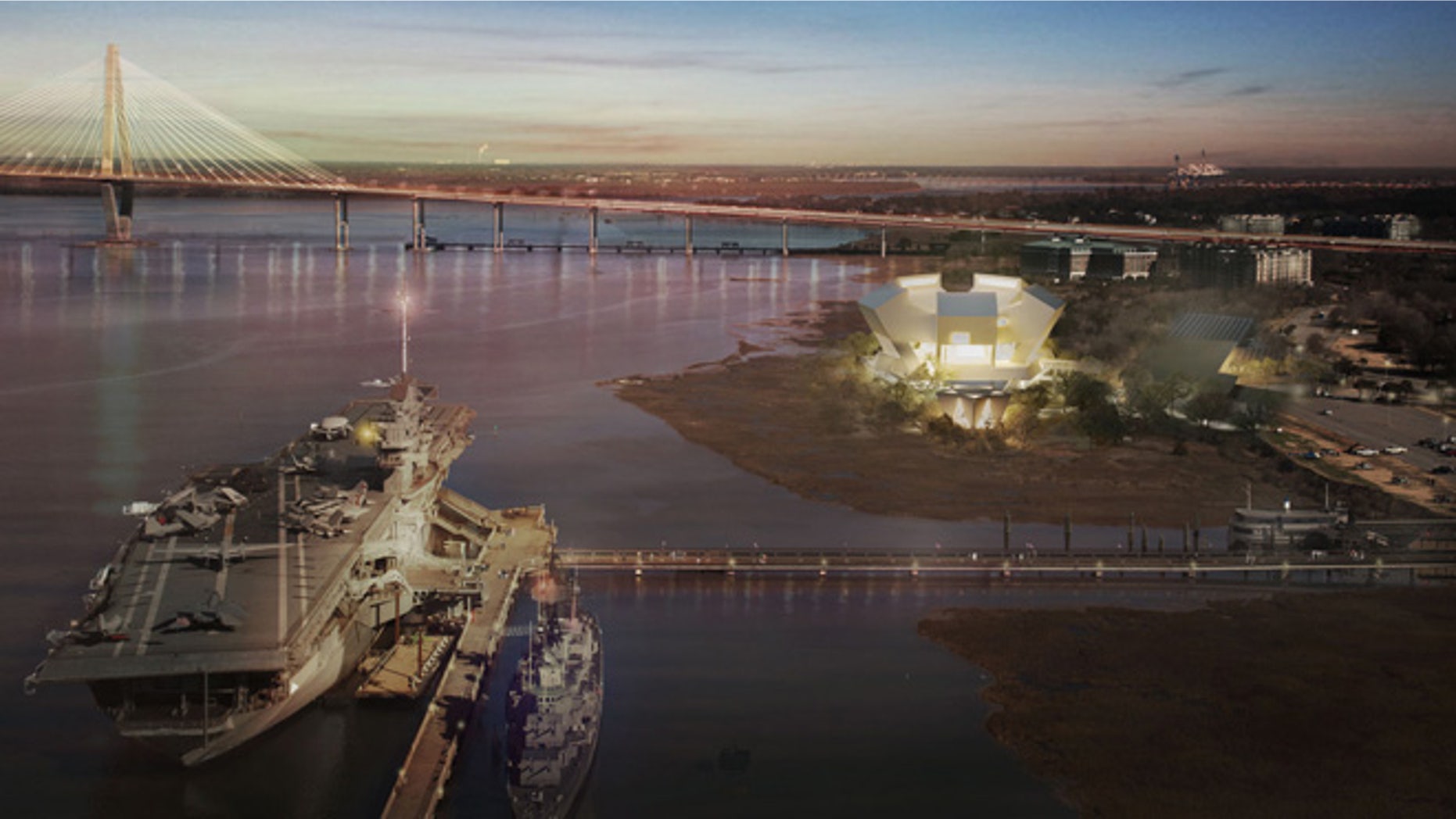 This architectural rendering shows the proposed National Medal of Honor Museum at night. The USS Yorktown is in the foreground and the Ravenel Bridge behind the museum. The star-shaped chapel can be seen directly in front of the museum building. (National Medal of Honor Museum)