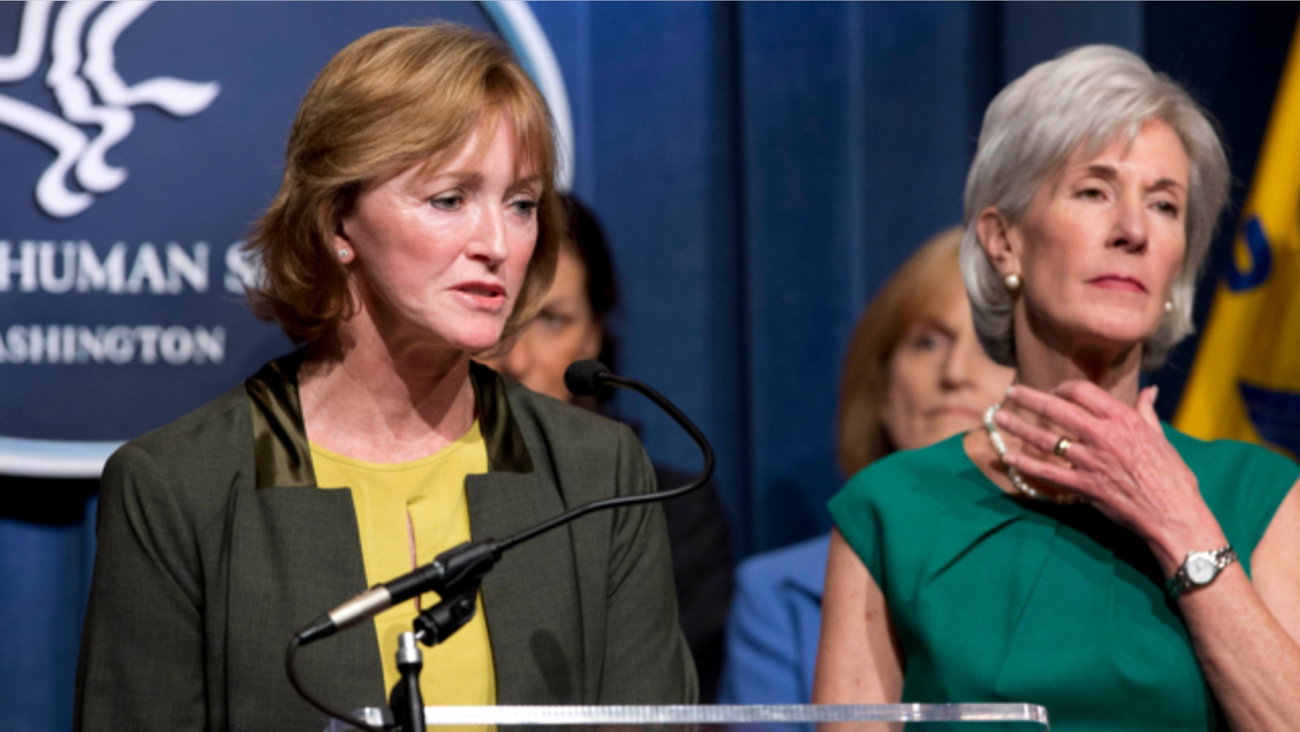 April 10, 2013: Centers for Medicare and Medicaid Services Acting Administrator Marilyn Tavenner, left, accompanied by Health and Human Services Secretary Kathleen Sebelius, speaks during a news conference at the Health and Humans Services (HHS) Department in Washington.