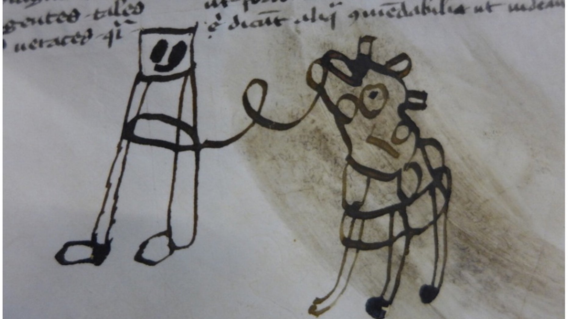 It's difficult to decipher, but this could be a doodle of a person with a cow or a horse.