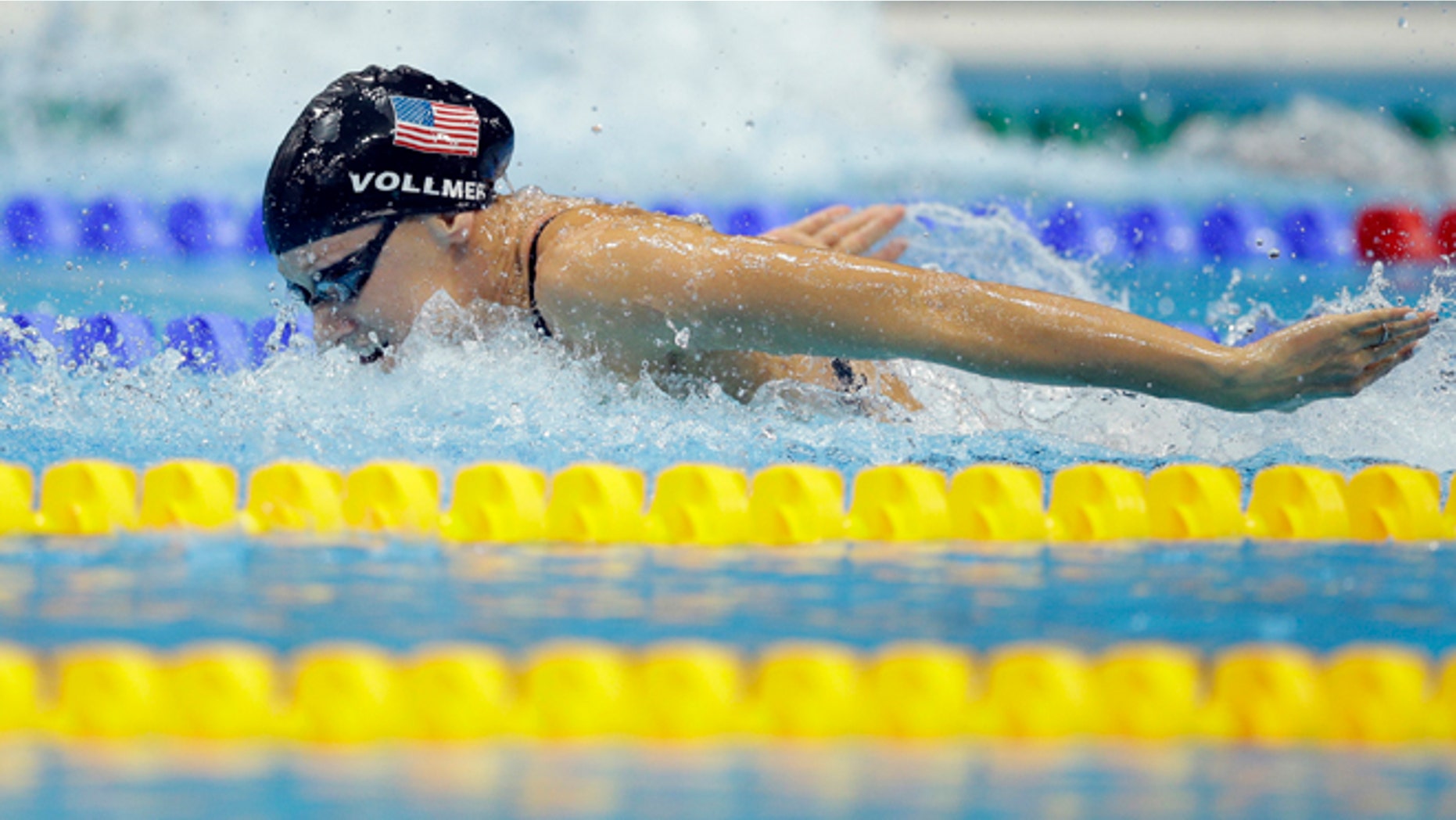 Aug. 4, 2012: United States' Dana Vollmer swims in the women's 4 x 100-meter medley relay final at the Aquatics Centre in the Olympic Park during the 2012 Summer Olympics in London.