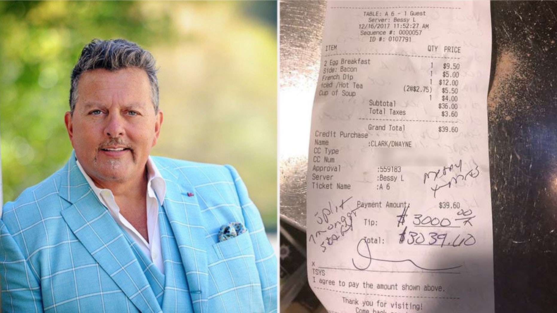 Dwayne Clarke left a $3,000 tip to spread some holiday cheer at a diner in Washington.