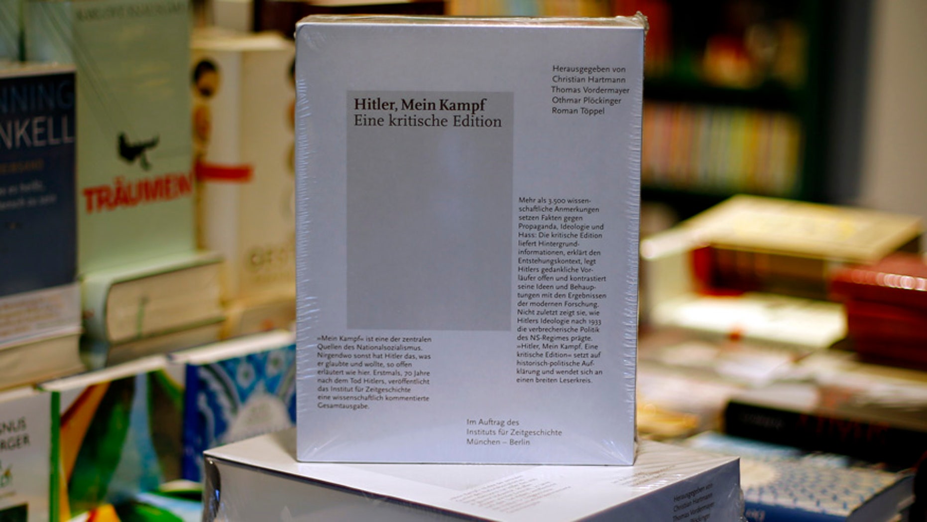 Jan. 8, 2016: A copy of "Hitler, Mein Kampf – A critical edition" stands on a display table in a book shop in Munich, Germany.