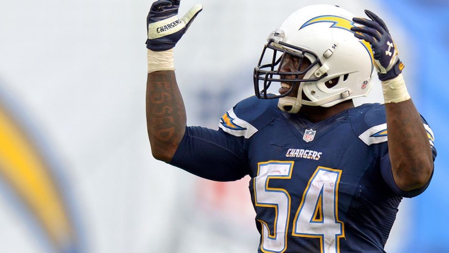 Nov 23, 2014; San Diego, CA, USA; San Diego Chargers outside linebacker Melvin Ingram (54) fires the crowd up against the St. Louis Rams during the fourth quarter at Qualcomm Stadium. Mandatory Credit: Jake Roth-USA TODAY Sports