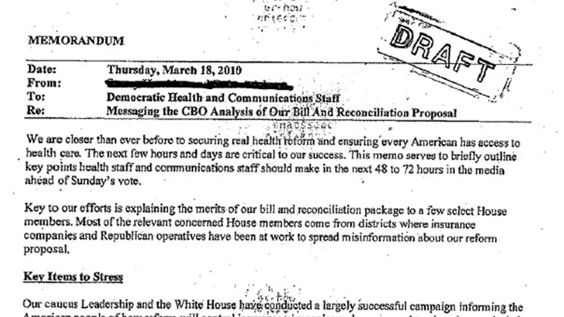 Shown here is a memo purportedly telling congressional Democrats to keep quiet on certain health care topics.