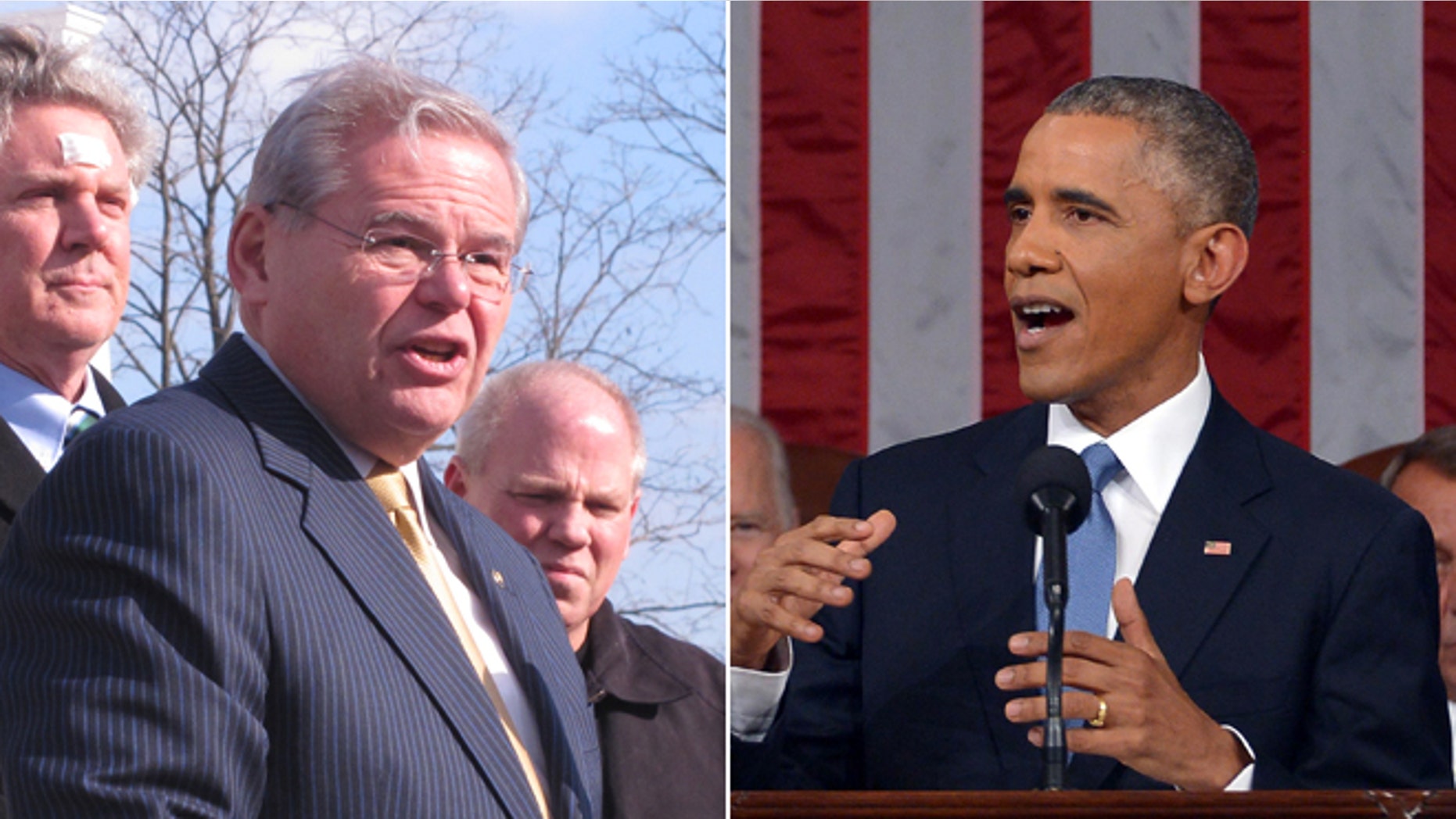 This Friday, Jan. 16, 2015 photo shows U.S. Sen. Robert Menendez at a news conference in Union Beach, N.J. and in this Tuesday, Jan. 20, 2015 photo, President Barack Obama delivers his State of the Union address to a joint session of Congress on Capitol Hill in Washington.