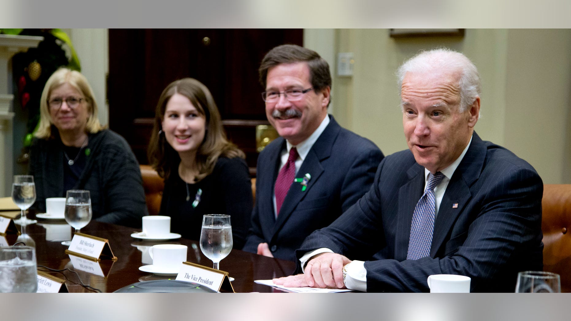 Vice President Biden speaks during a photo opportunity before a meeting with Newtown shooting family members and supporters, Tuesday, Dec. 10, 2013.