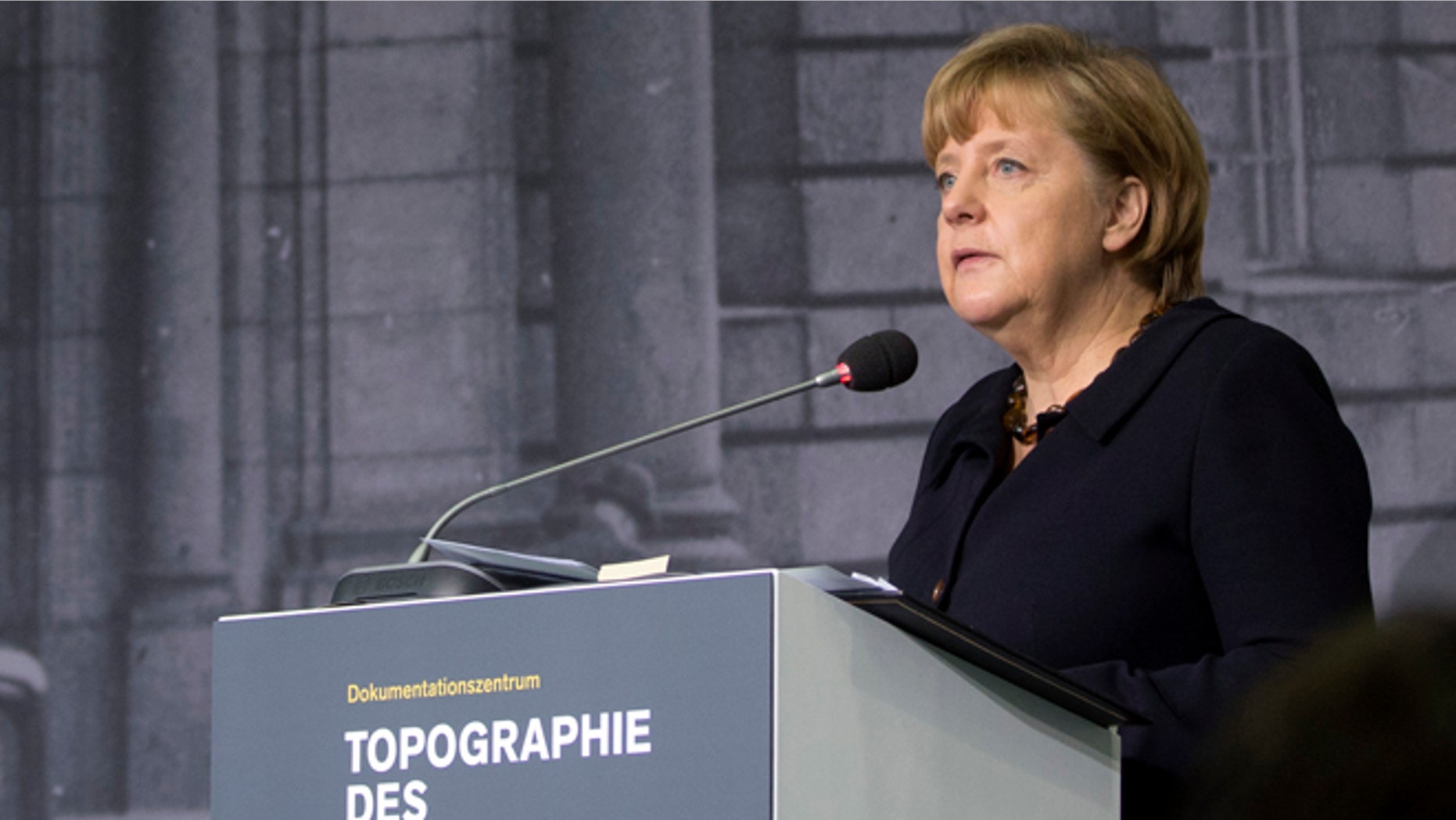 Jan. 30, 2013: German Chancellor Angela Merkel speaks as she opens the exhibition "Berlin 1933 - the way to despotism" at the Topography of Terror museum in Berlin, Germany.
