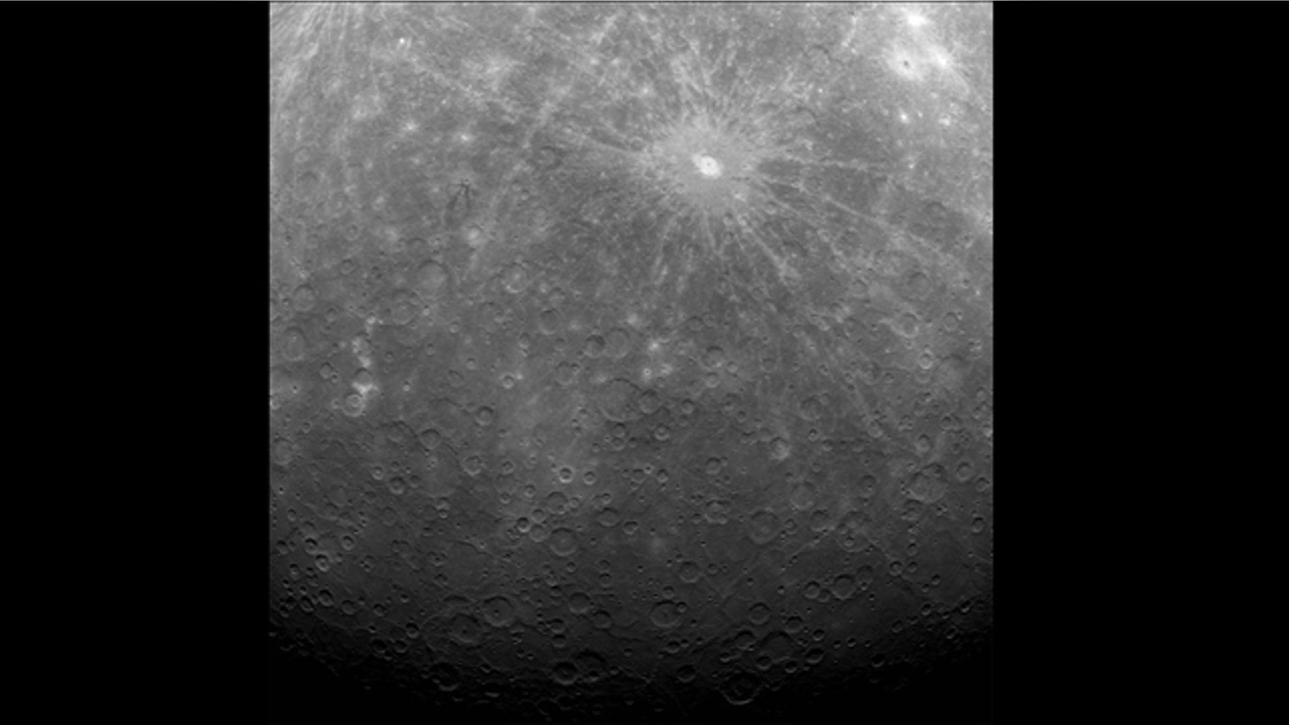 NASA's Mercury Messenger probe captured this historic image of Mercury, the first ever obtained from a spacecraft in orbit about the solar system's innermost planet. The photo was taken on Tuesday (March 29) at 5:20 am EDT.