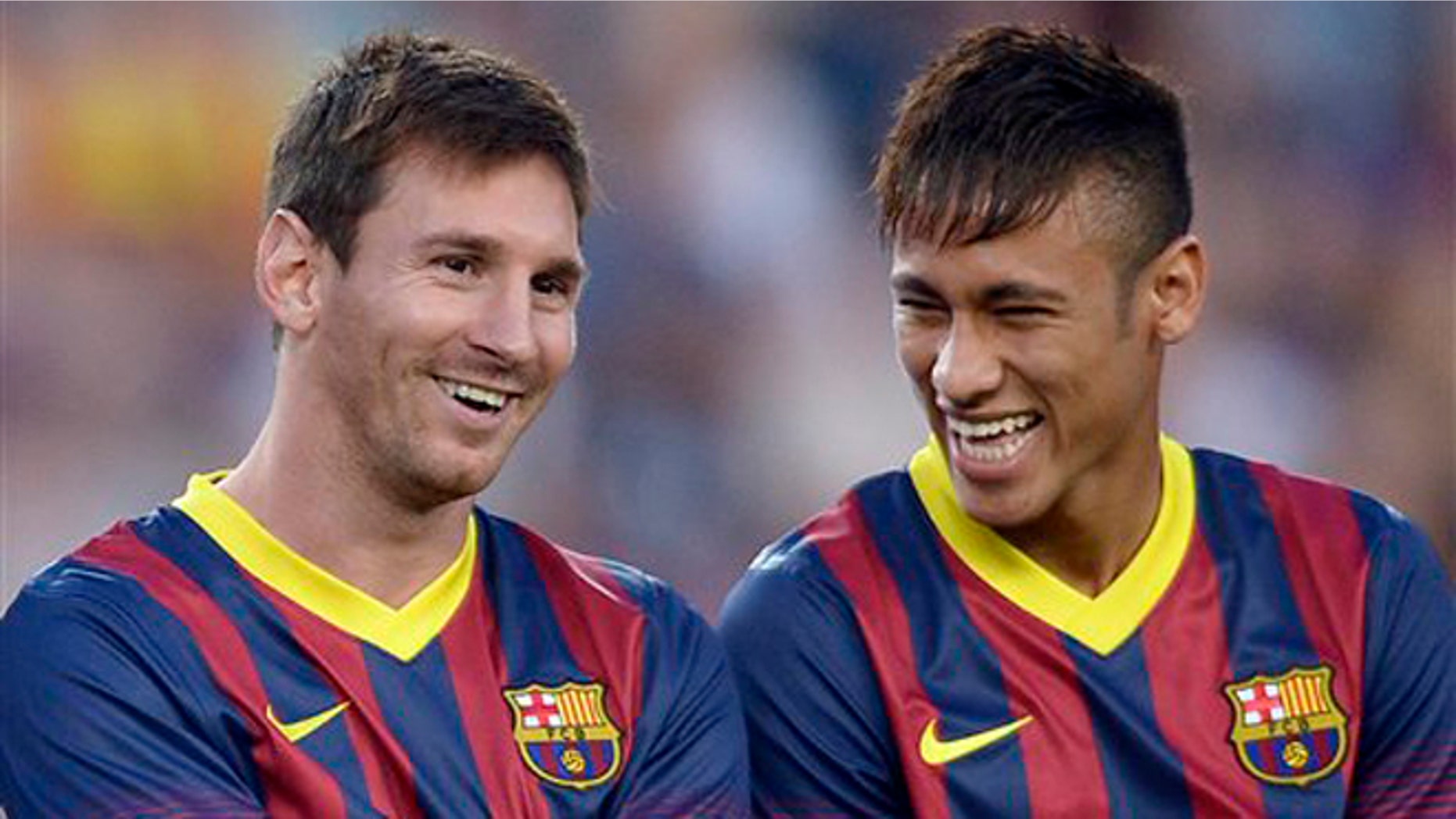 Lionel Messi and Neymar before a match against Santos on Friday, Aug. 2, 2013, in Barcelona.