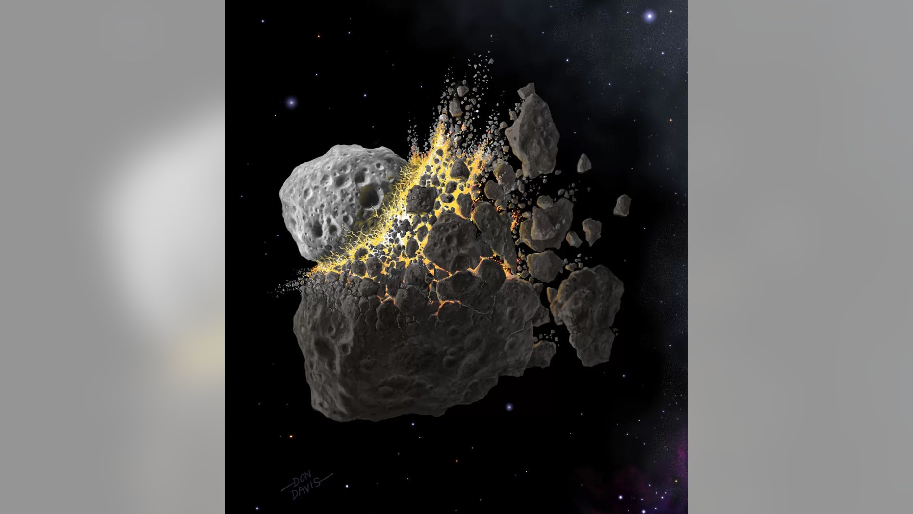 The breakup of around five large bodies from the early solar system could have contributed most of the asteroids in the inner asteroid belt — the ones most likely to fall to Earth. Credit: Don Davis