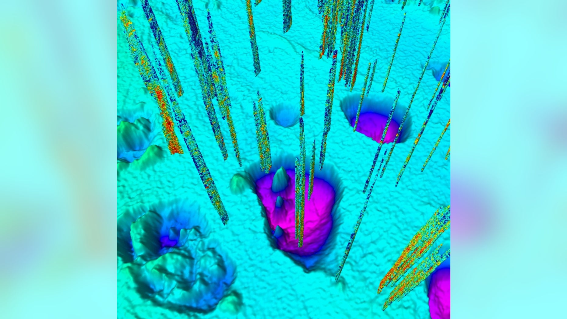 Giant craters along the floor of the Barents Sea were created when methane gases erupted about 11,600 years ago. Today, smaller seeps (vertical lines) still bubble up around the craters.