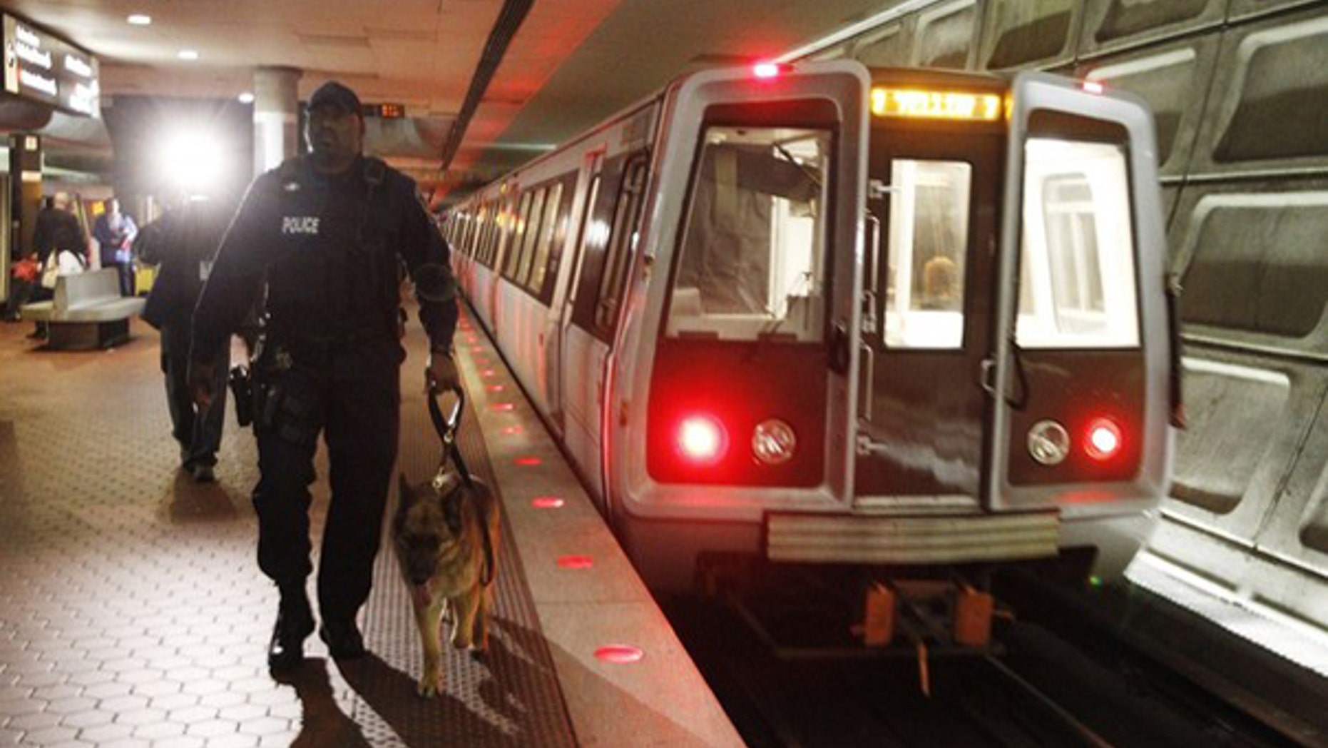 Metro Transit police officer Eric Croom and his dog inspect a Metro station in Washington, D.C., March 29. (Reuters Photo)