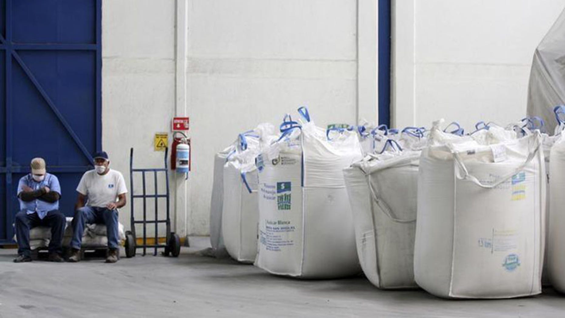 Workers sit next to bags containing sugar at the San Francisco Ameca sugar factory in the town of Ameca, Jalisco.
