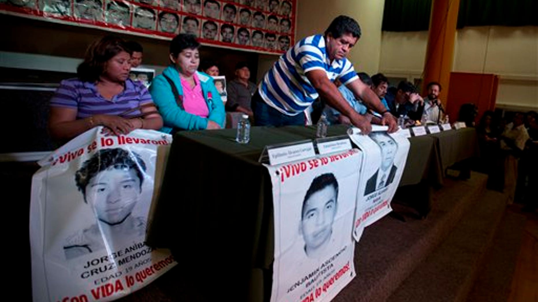 Parents of missing students attend the press conference in Mexico, City, Tuesday Jan. 27, 2015.