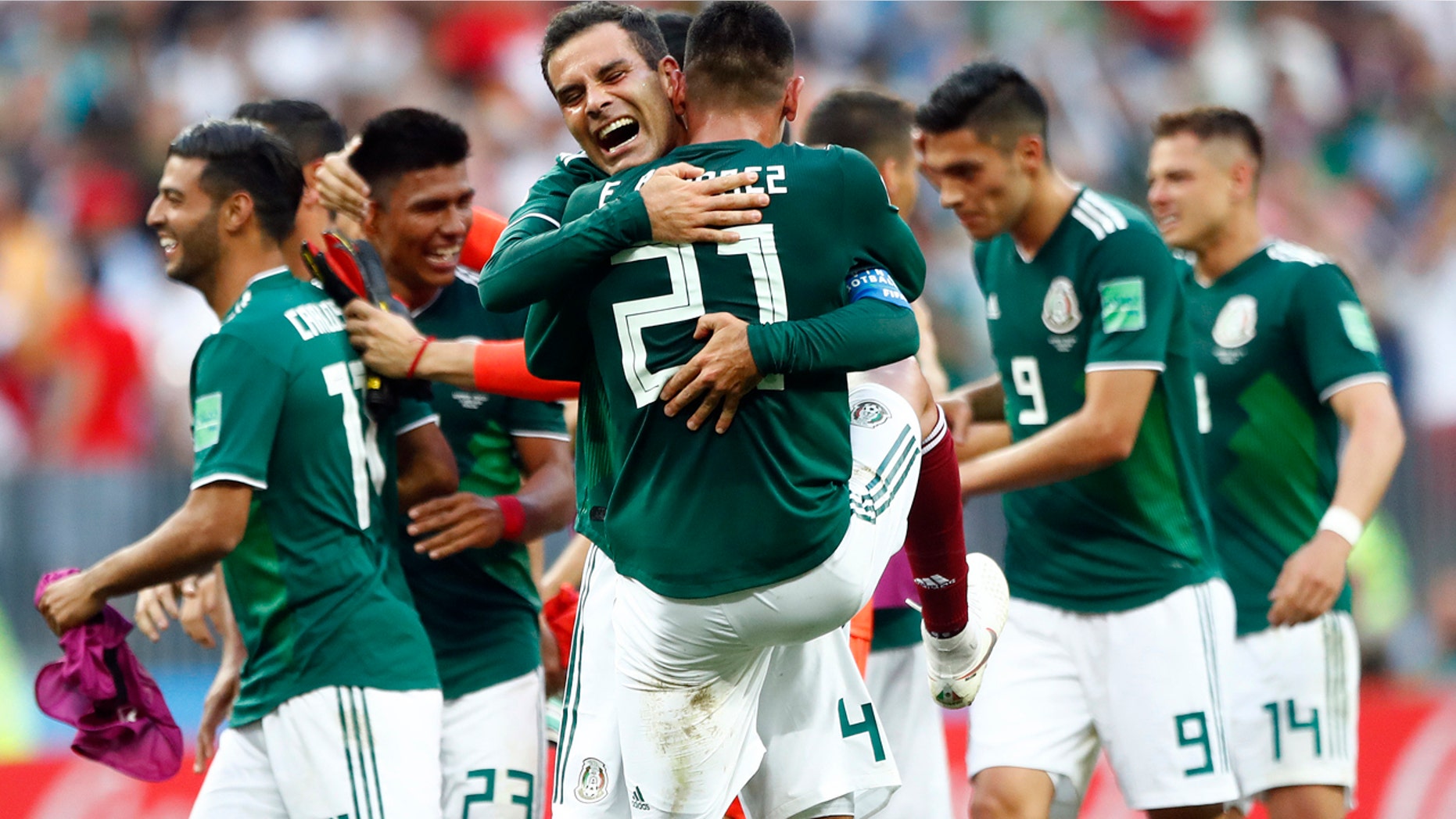 Mexico players celebrate after winning the group F match between Germany and Mexico at the 2018 soccer World Cup in the Luzhniki Stadium in Moscow, Russia, Sunday, June 17, 2018. Mexico won 1-0.
