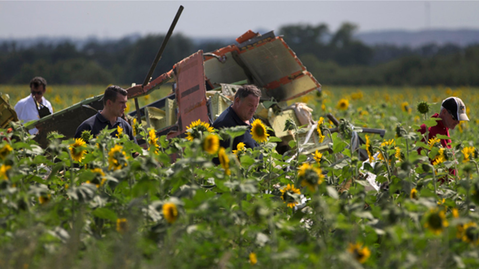 July 25, 2014: Dutch and Australian investigators examine pieces of the crashed Malaysia Airlines Flight 17 in the village of Rassipne, Donetsk region, eastern Ukraine.